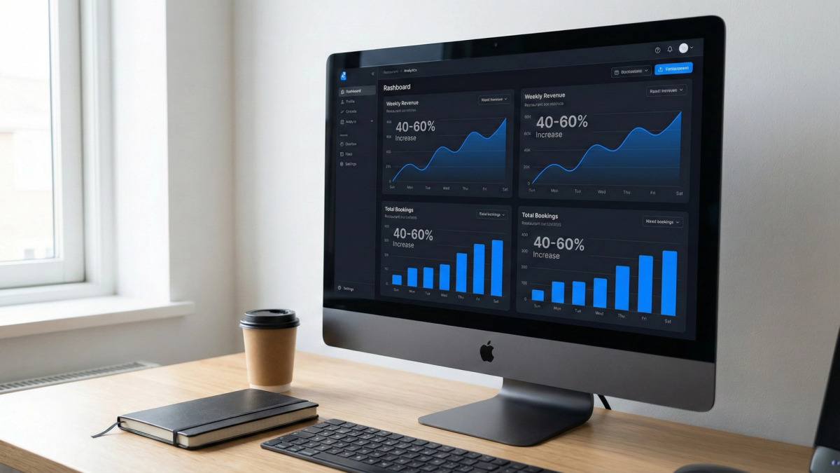 Dashboard showing 40-60% increase in restaurant bookings through GoHighLevel automation with upward trending graphs and blue accent colors Dashboard showing 40-60% increase in restaurant bookings through GoHighLevel automation with upward trending graphs and blue accent colors