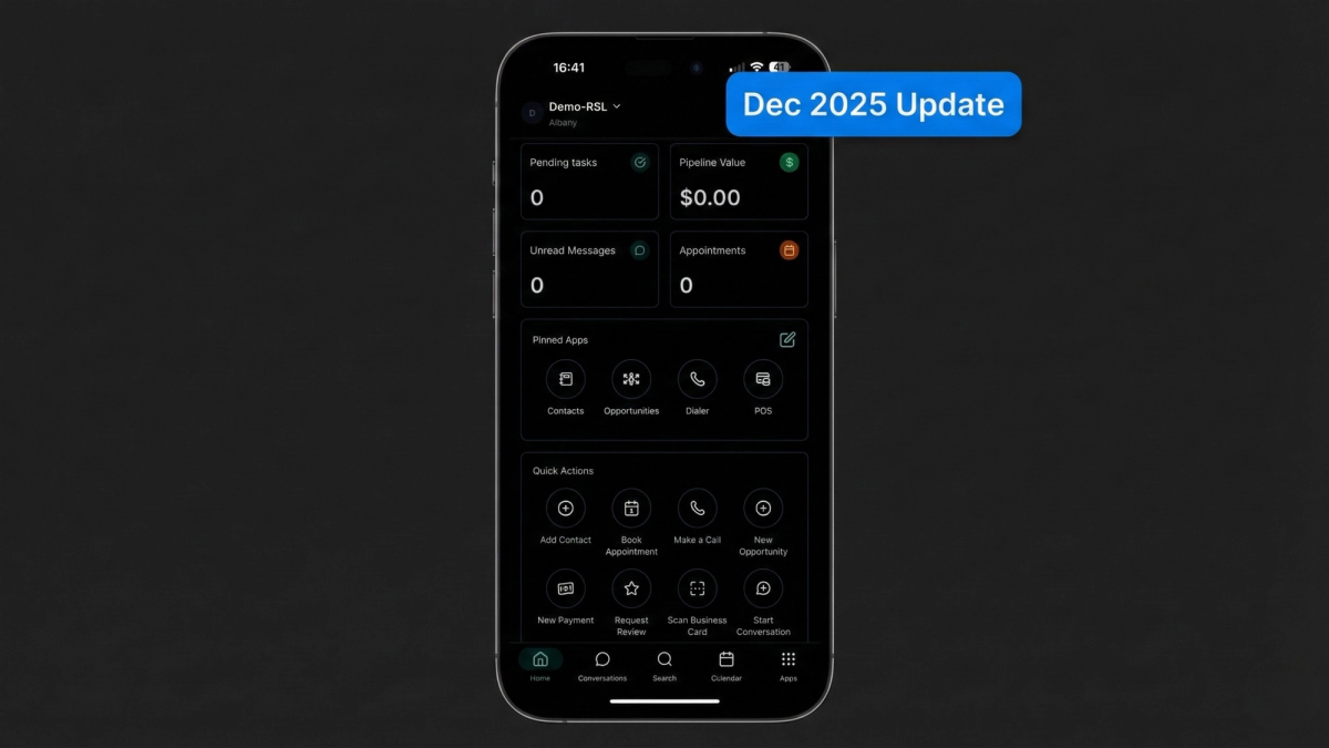 GoHighLevel mobile app v4.0 with dark mode enabled GoHighLevel mobile app v4.0 with dark mode enabled