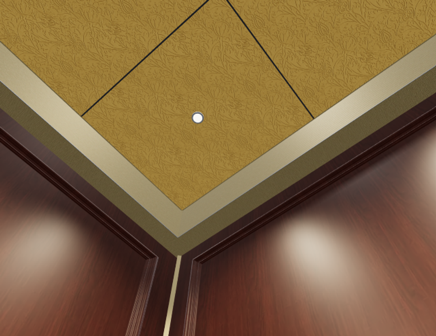 Rendering detail of the gold formed composite ceiling panel and bronze-clad soffit