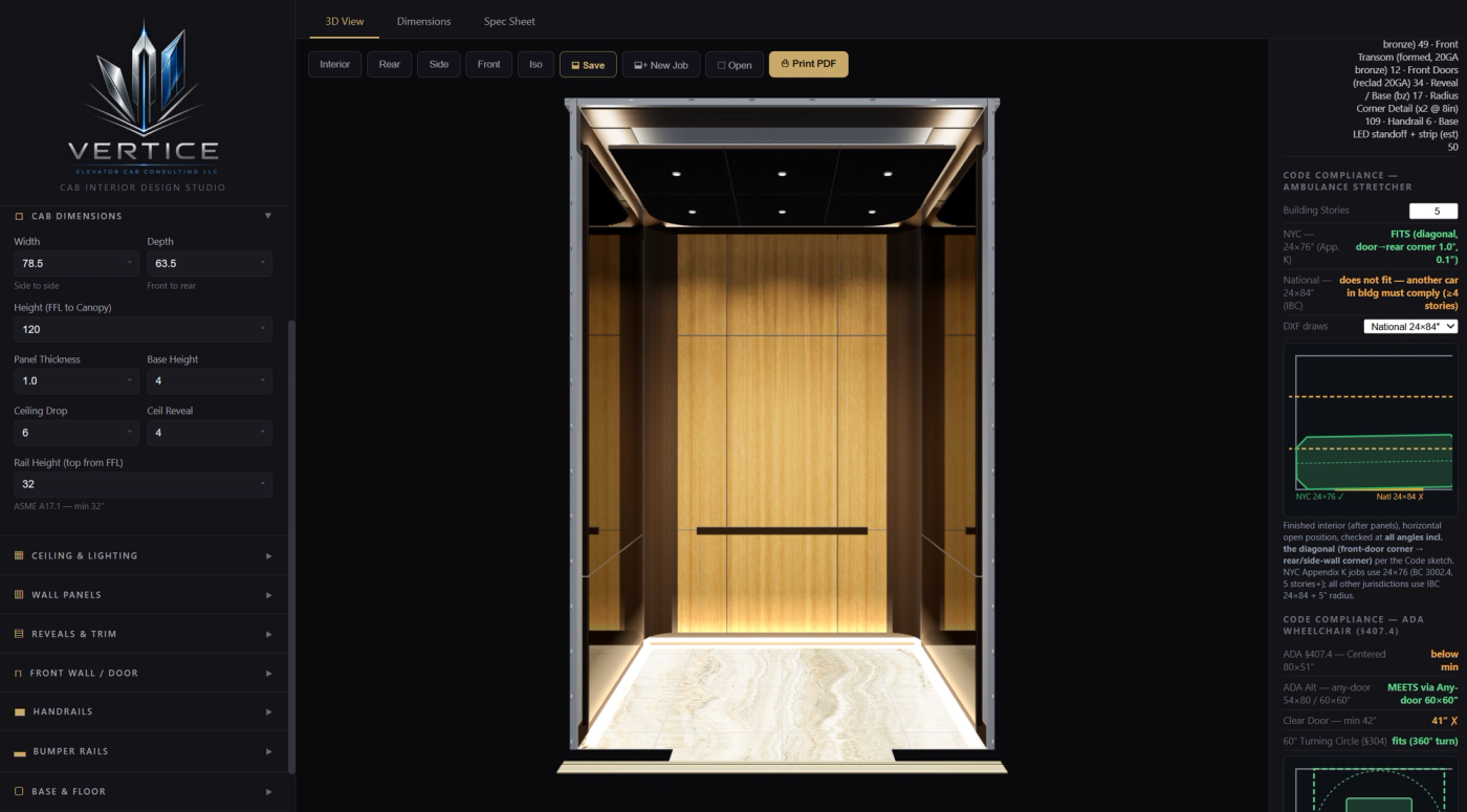 Vertice cab interior design studio showing 3D view, dimensions and code compliance checks