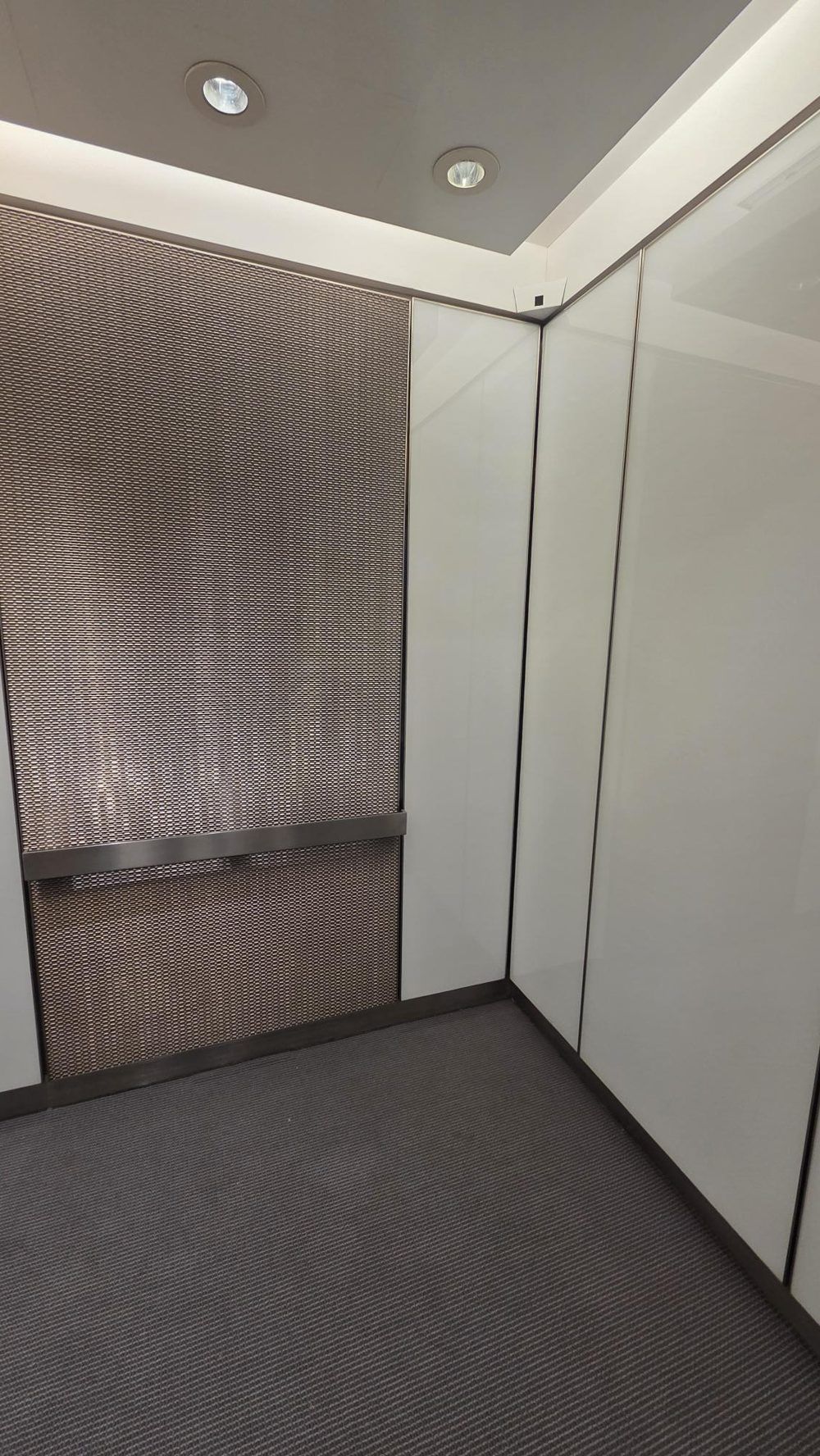 Elevator cab interior with stainless wire mesh and glass wall panels and a wood-backed drop ceiling with LED cove lighting