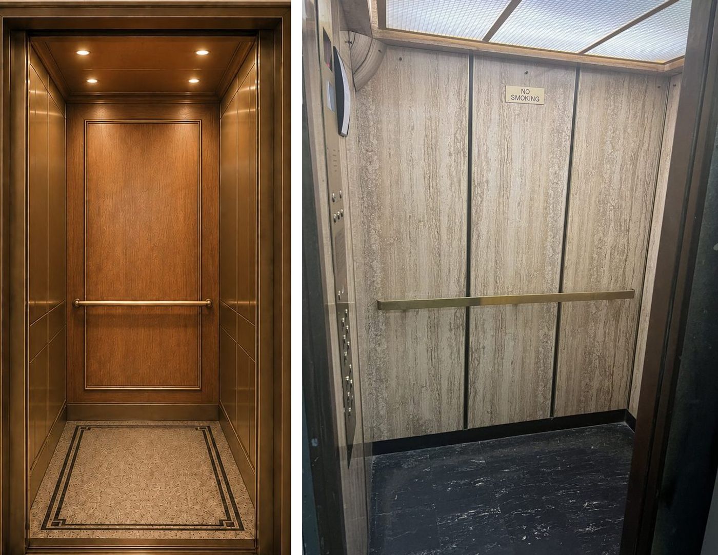 Side by side: the board's AI-generated vision (left) and the existing elevator cab (right)