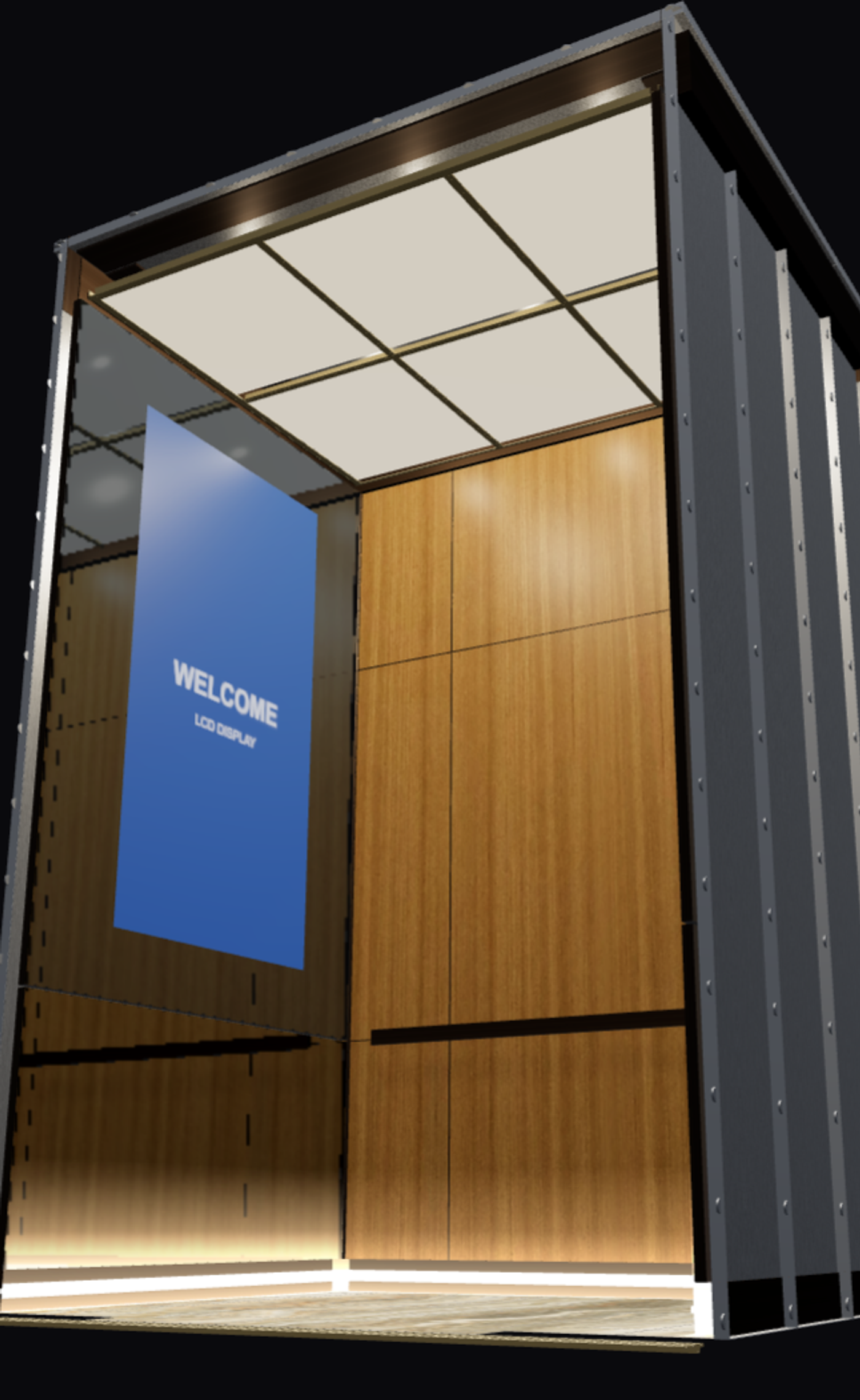 Rendered elevator cab with wood veneer wall, mirror side panel and LCD display