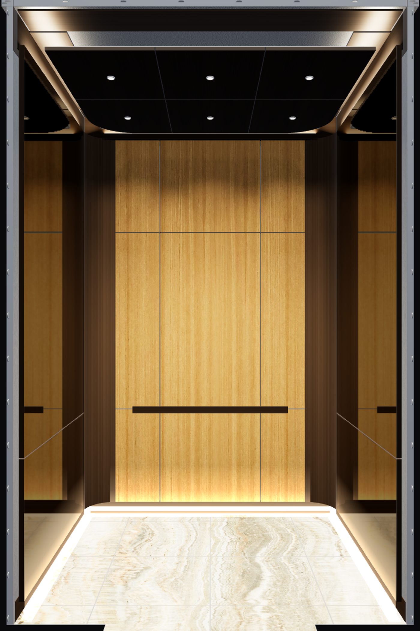 Finished rendering of an elevator cab with wood veneer, stone floor and mirror side walls