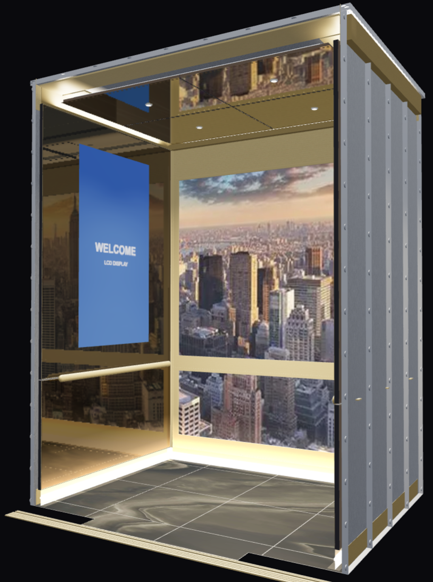 Rendered elevator cab with city skyline mural, gold mirror panels and LCD display