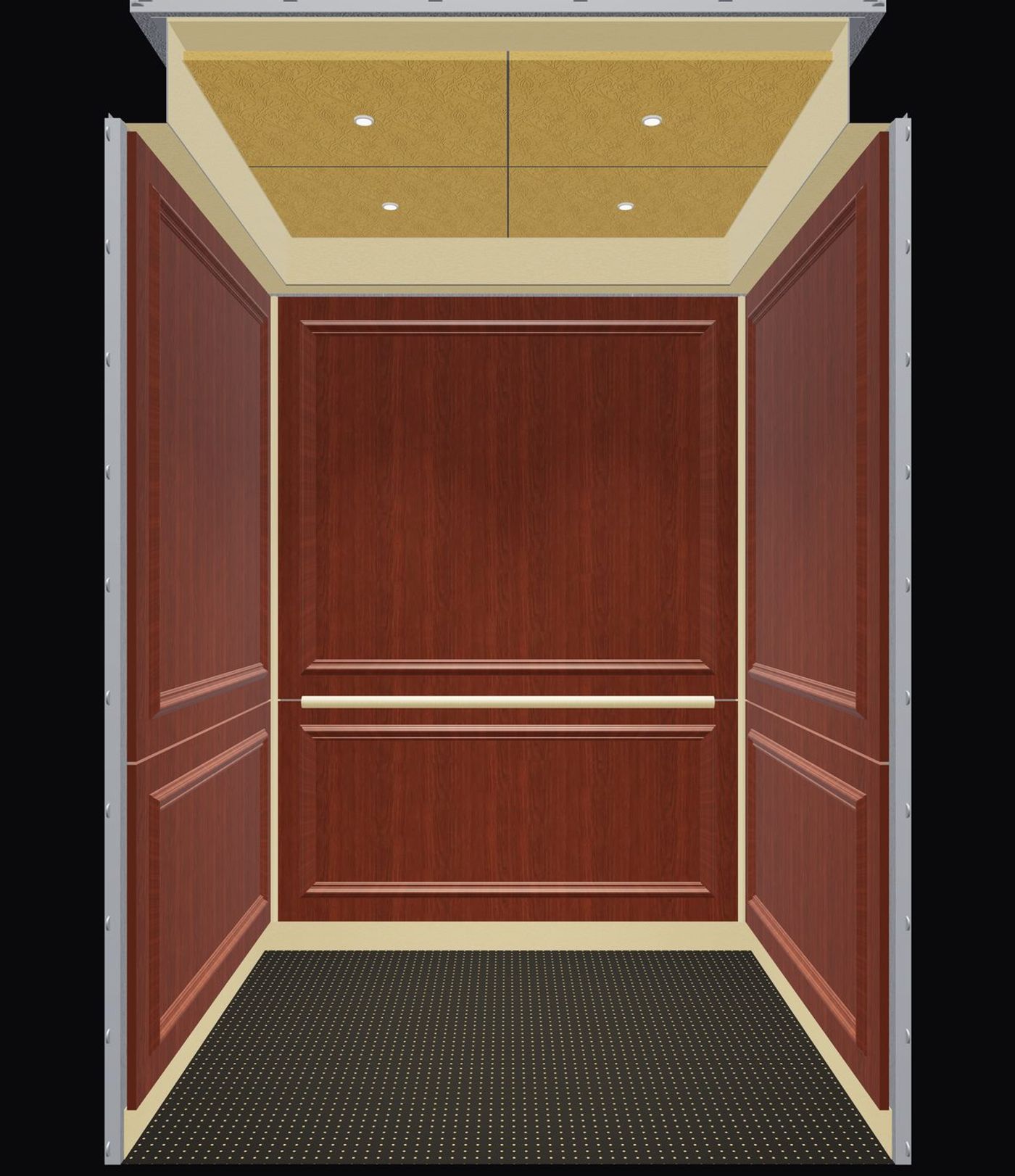 Final rendering of the new elevator cab with wood-grain laminate panels, bronze trim, gold formed ceiling and brass-studded vinyl floor