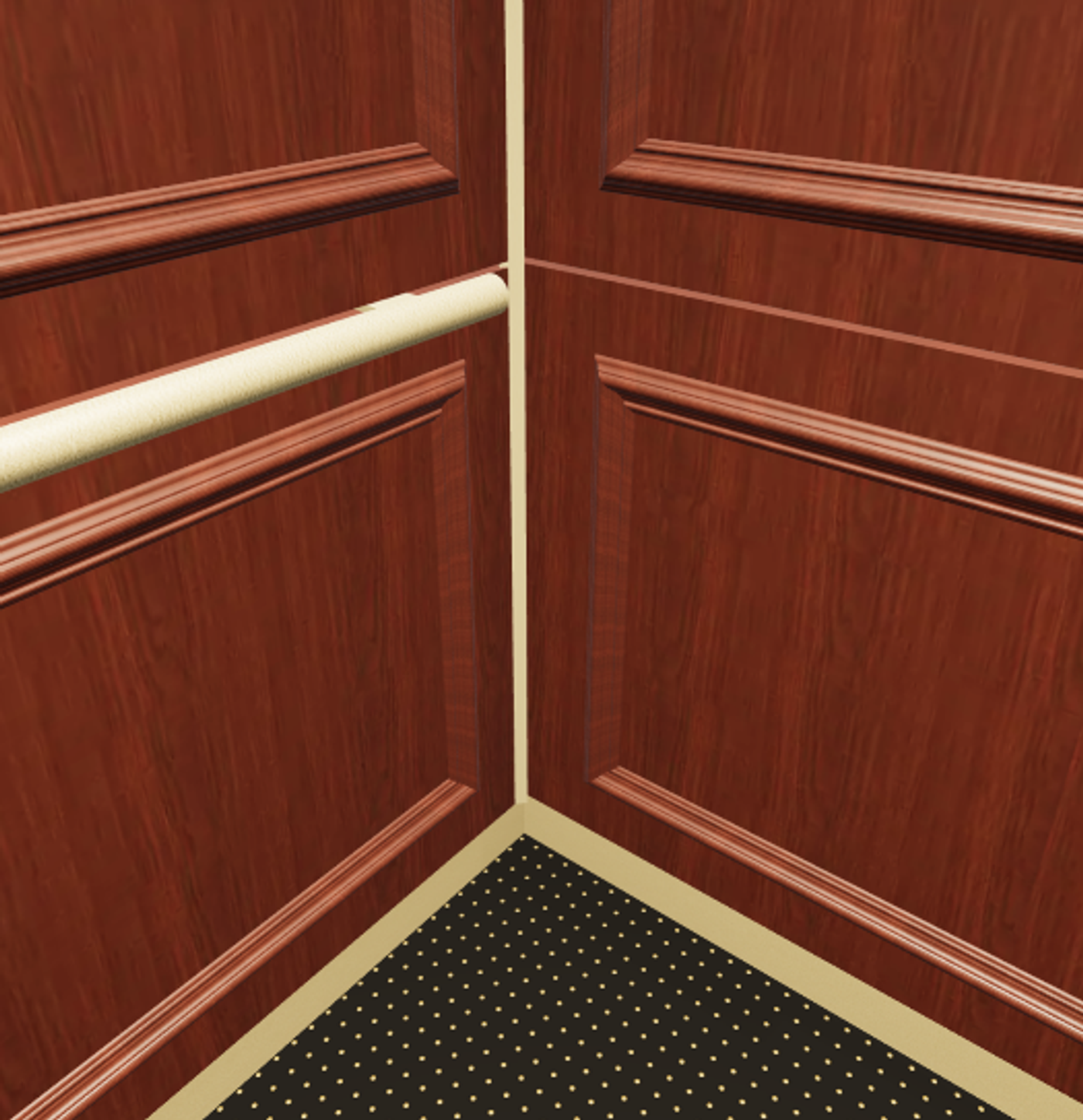 Rendering detail of wood-grain panels, moldings, handrail and brass-studded vinyl floor