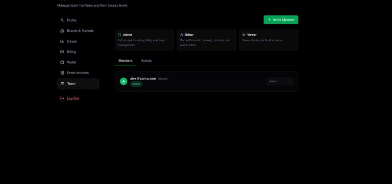 Team settings showing Admin, Editor and Viewer access levels with an invited member