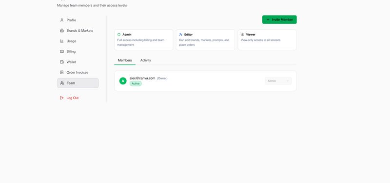 Team settings showing Admin, Editor and Viewer access levels with an invited member