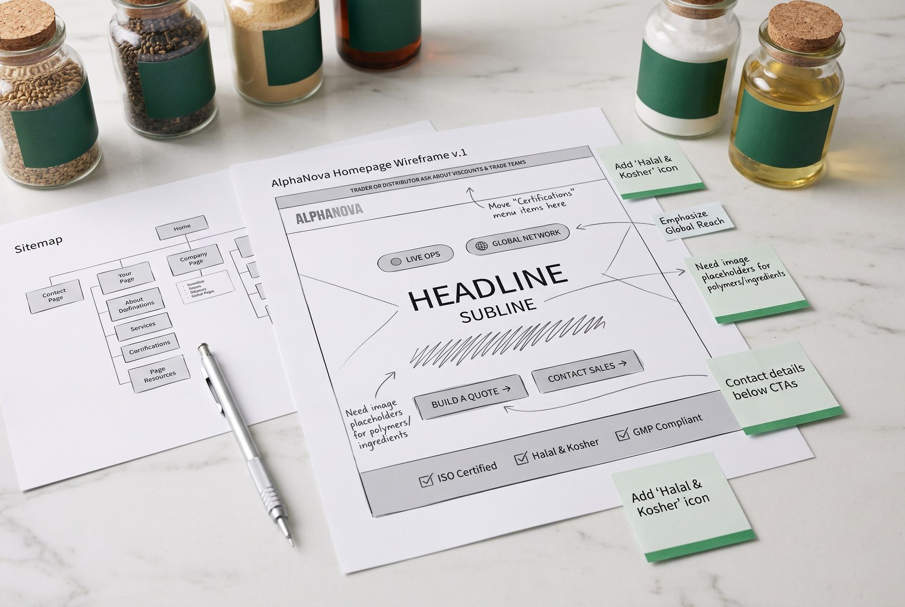 Low-fidelity structure first: page hierarchy and layout decisions on paper before a single pixel.