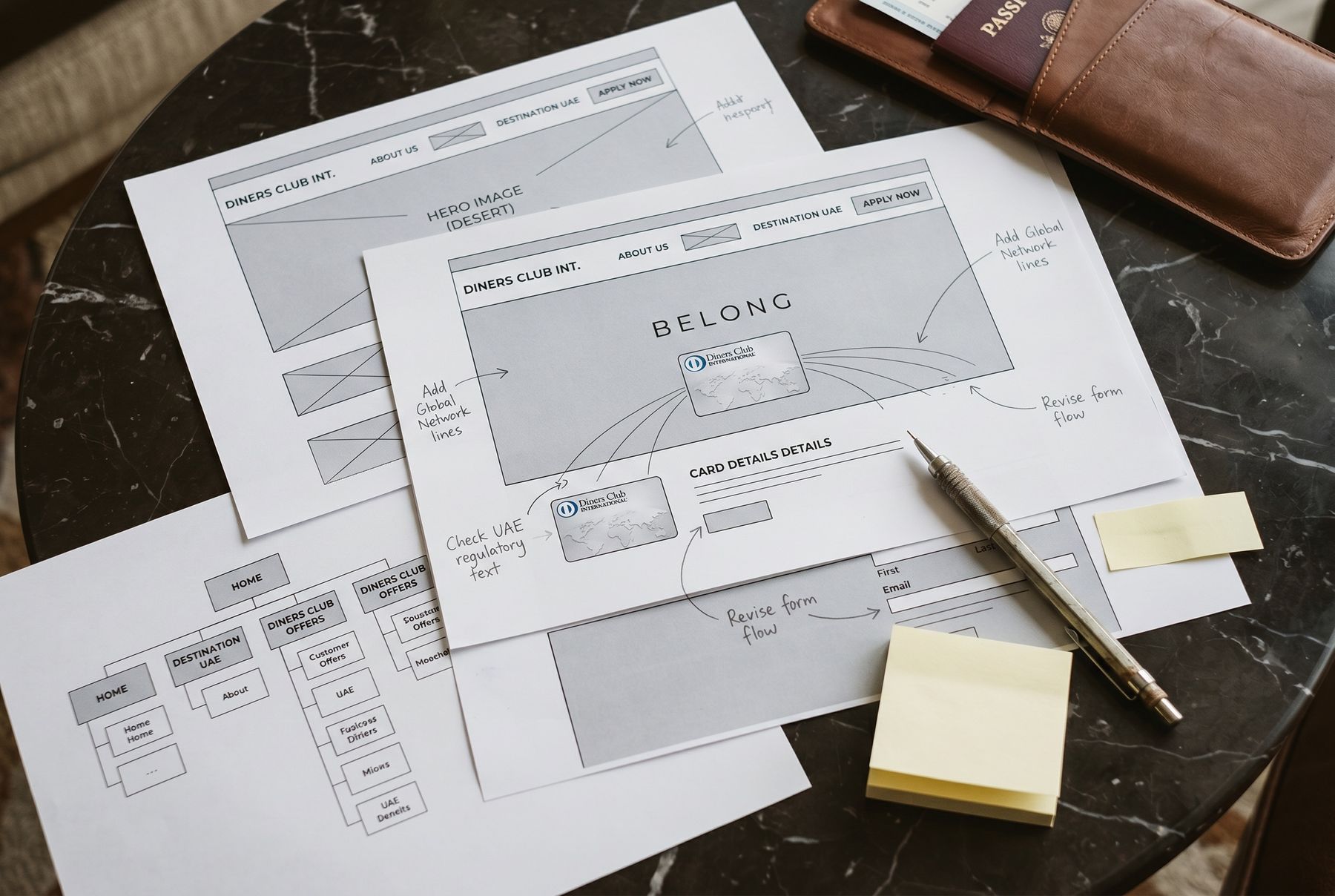 Low-fidelity structure first: page hierarchy and layout decisions on paper before a single pixel.