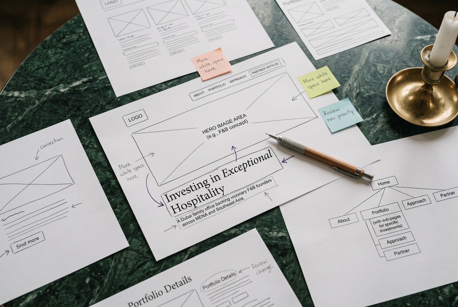Low-fidelity structure first: page hierarchy and layout decisions on paper before a single pixel.