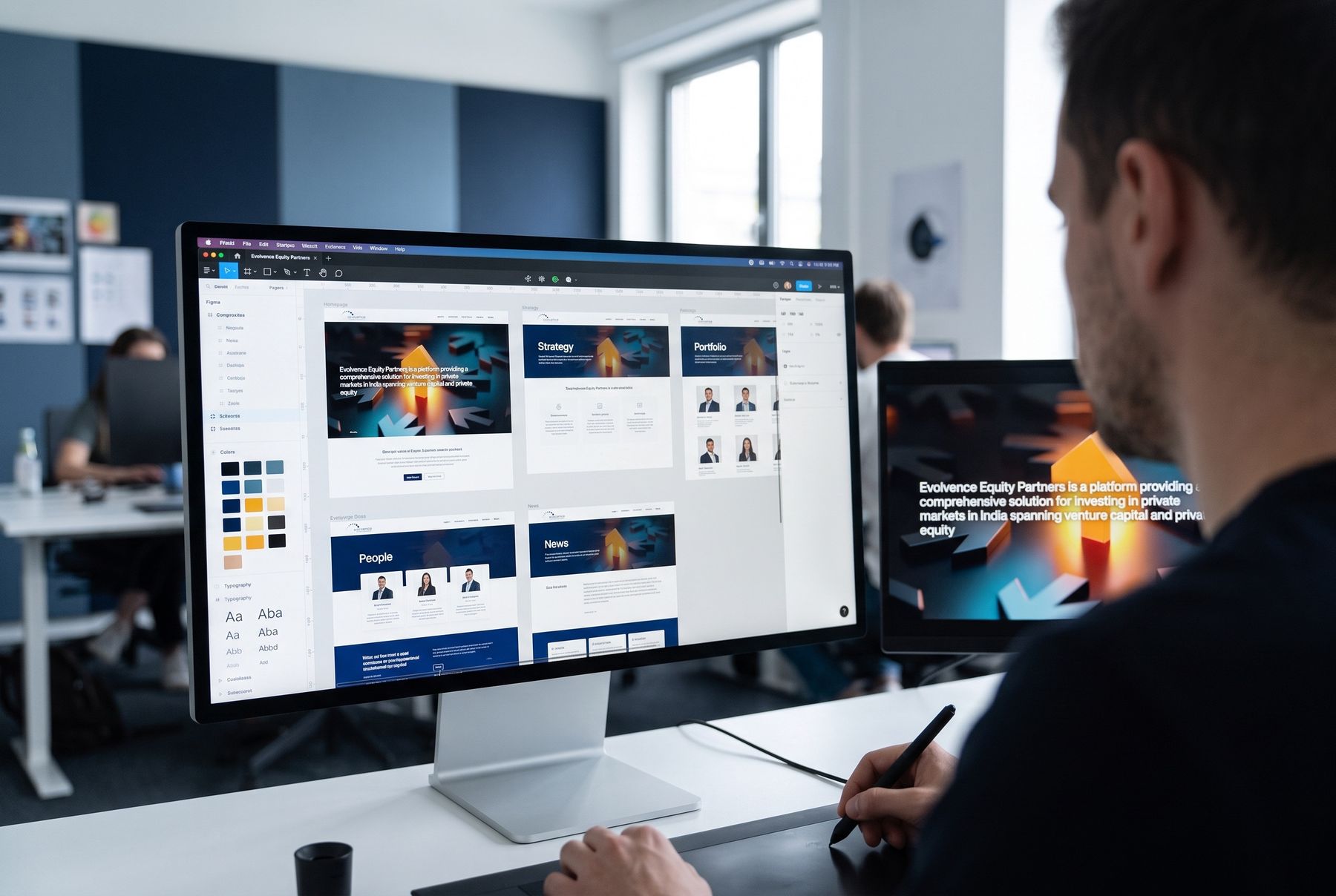 High-fidelity artboards: the design system, type and colour take shape.