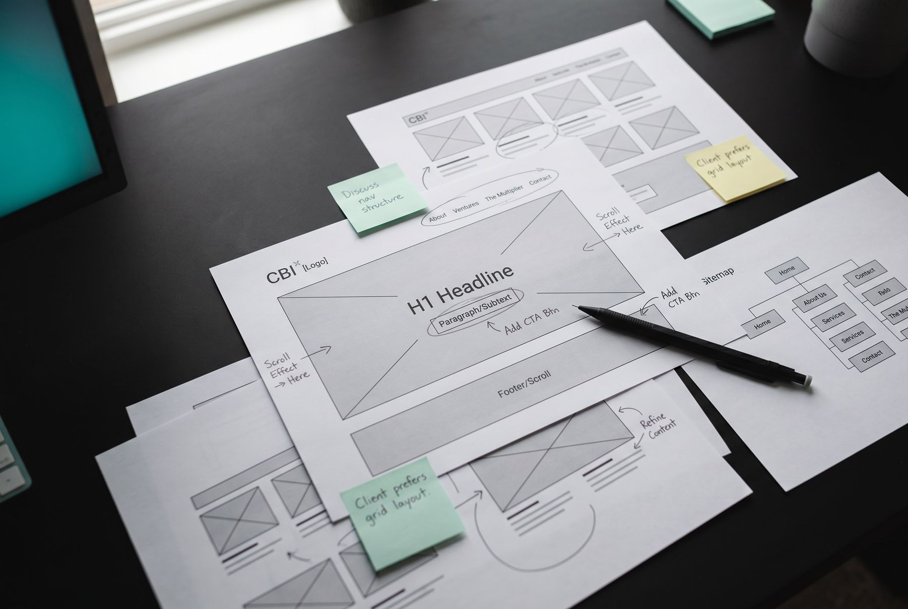 Low-fidelity structure first: page hierarchy and layout decisions on paper before a single pixel.
