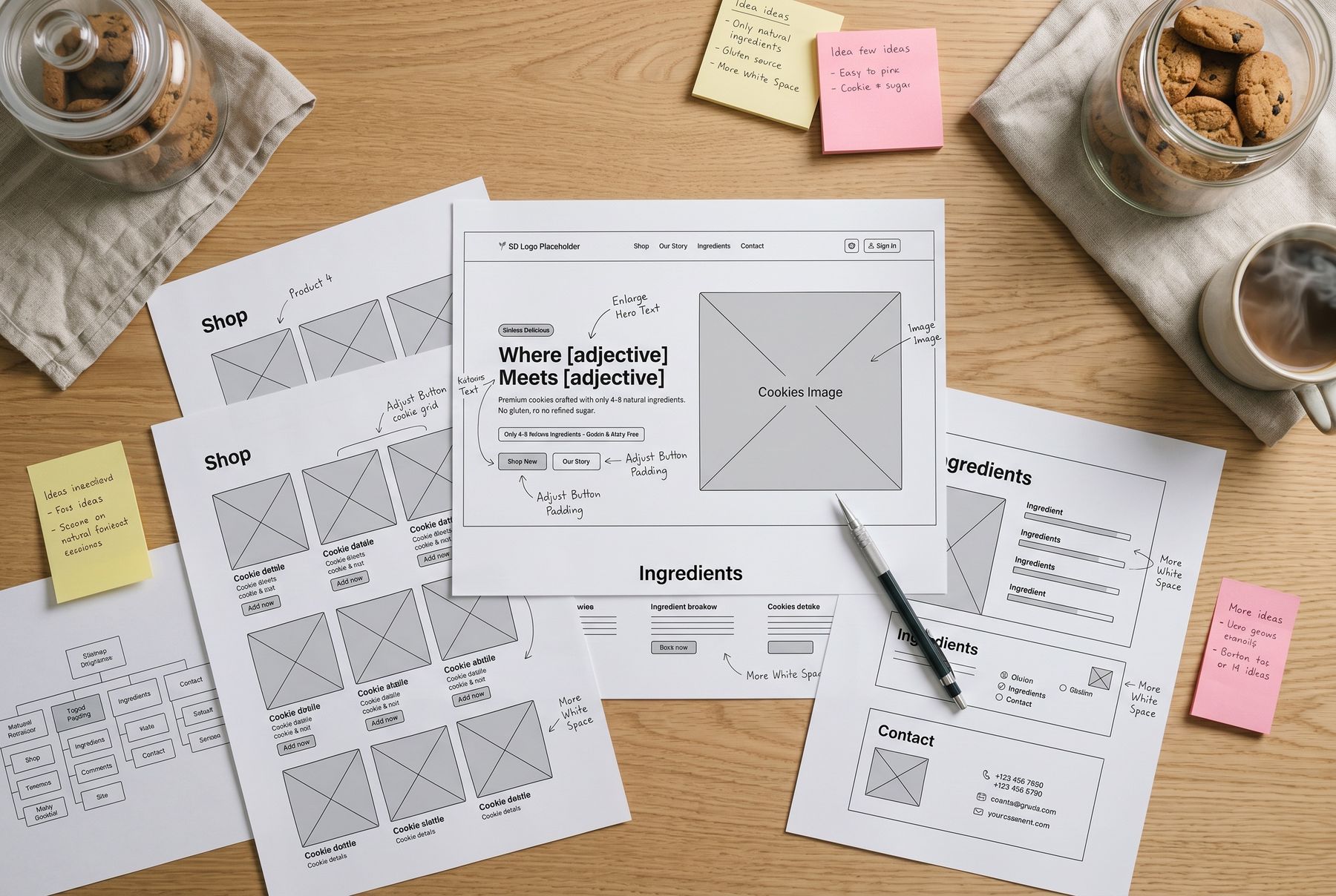 Low-fidelity structure first: page hierarchy and layout decisions on paper before a single pixel.