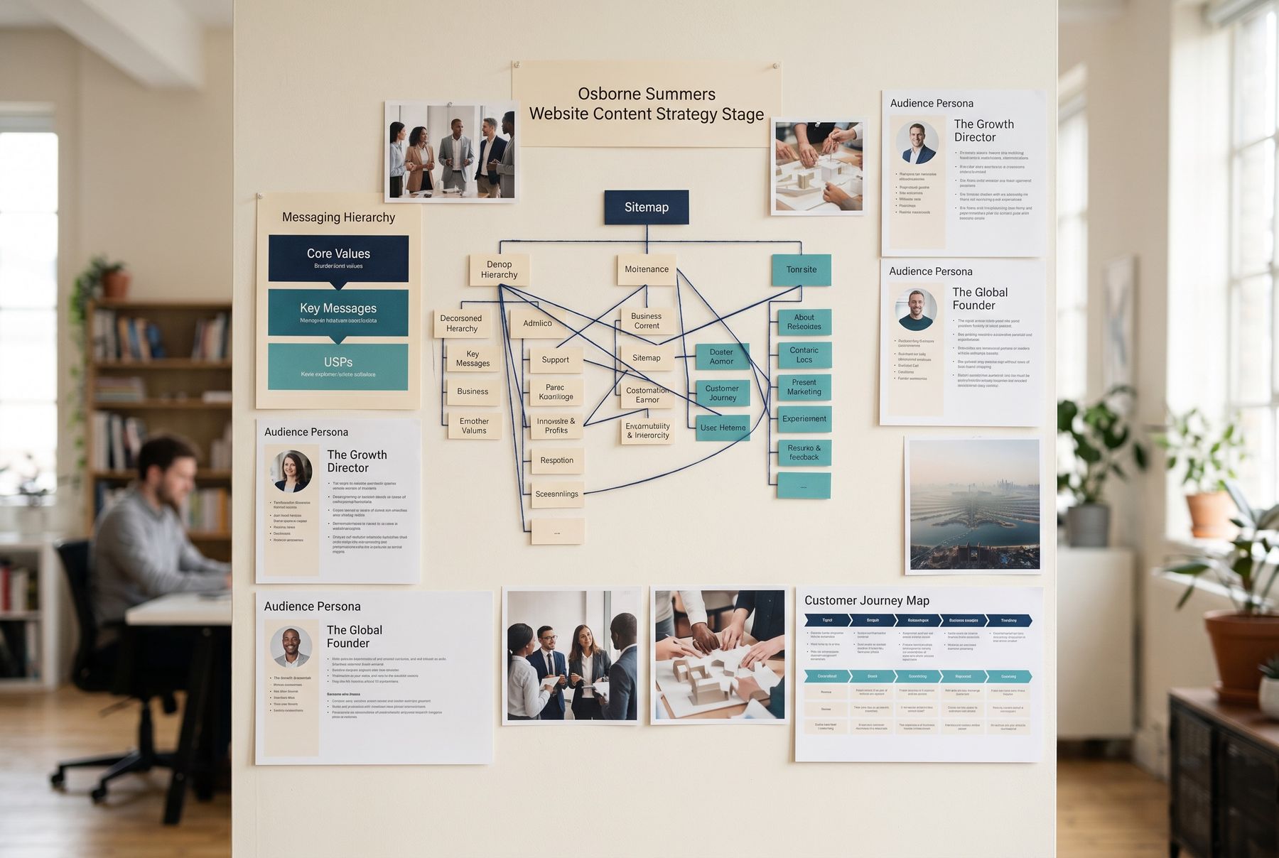 Sitemap, messaging hierarchy and customer journey mapped before design begins.