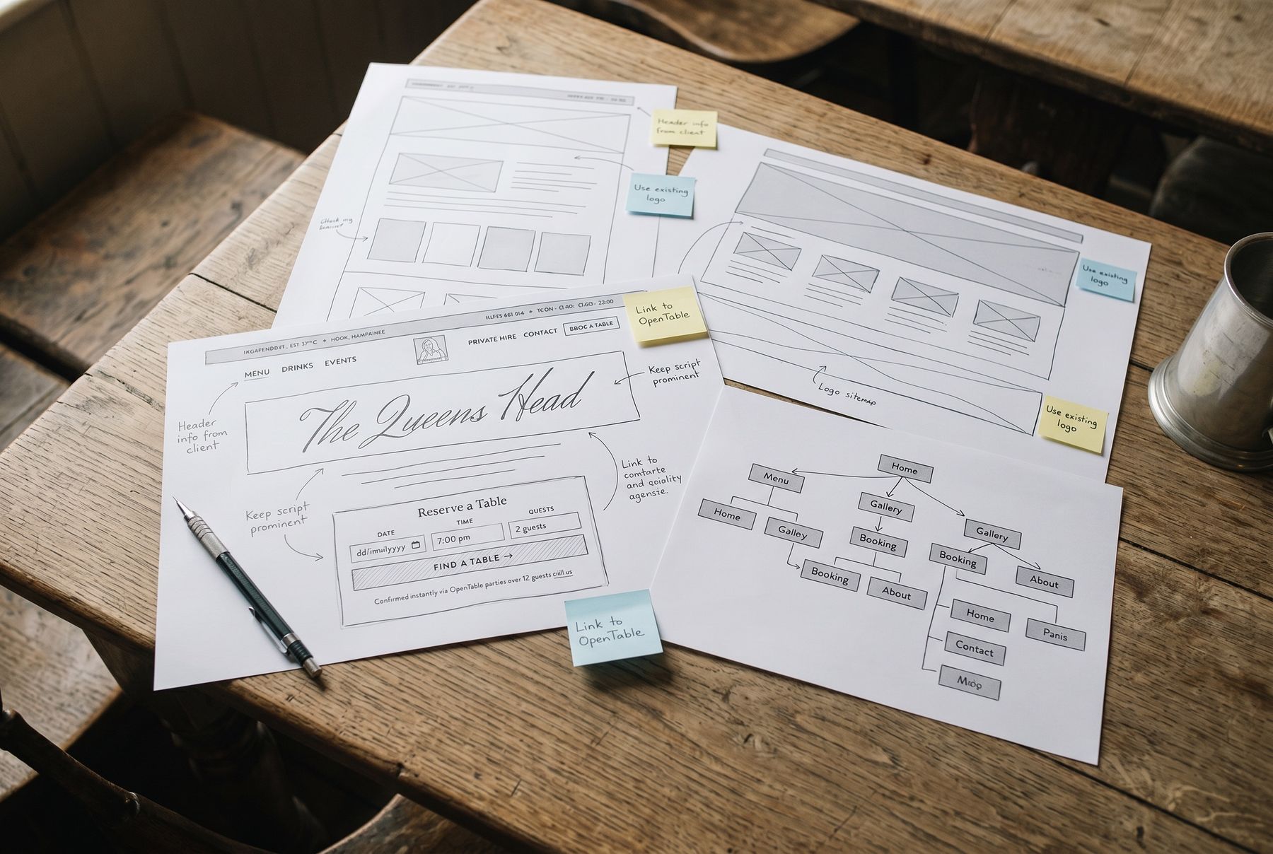 Low-fidelity structure first: page hierarchy and layout decisions on paper before a single pixel.