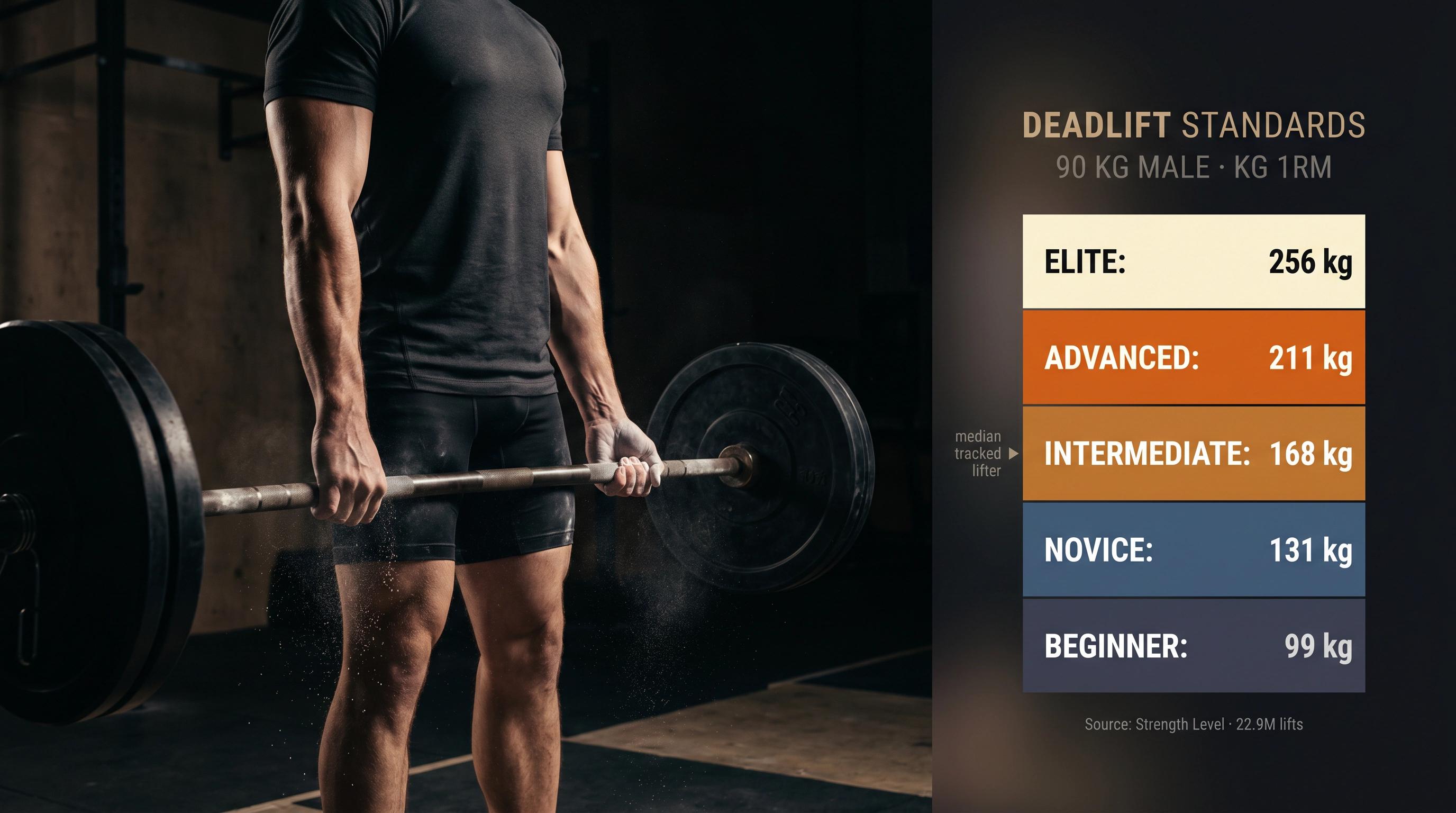 Cinematic deadlift lockout at full extension with strength tier benchmarks annotated for a 90 kg male lifter