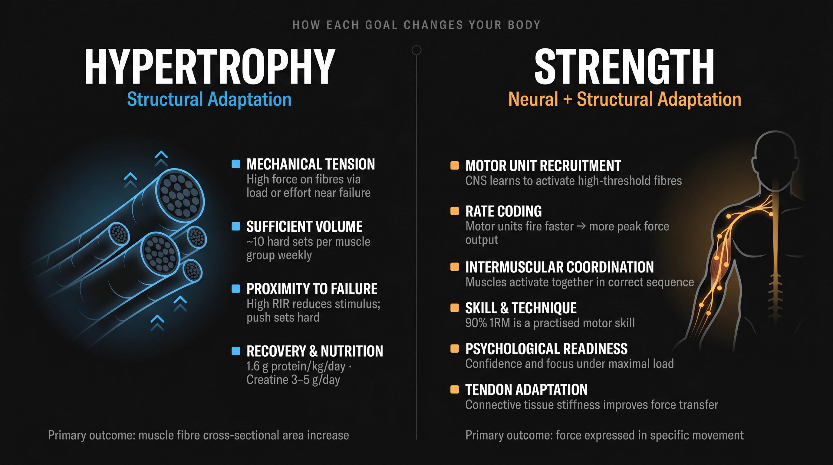 Split anatomical diagram showing 4 hypertrophy drivers on the left and 6 neural strength adaptation drivers on the right