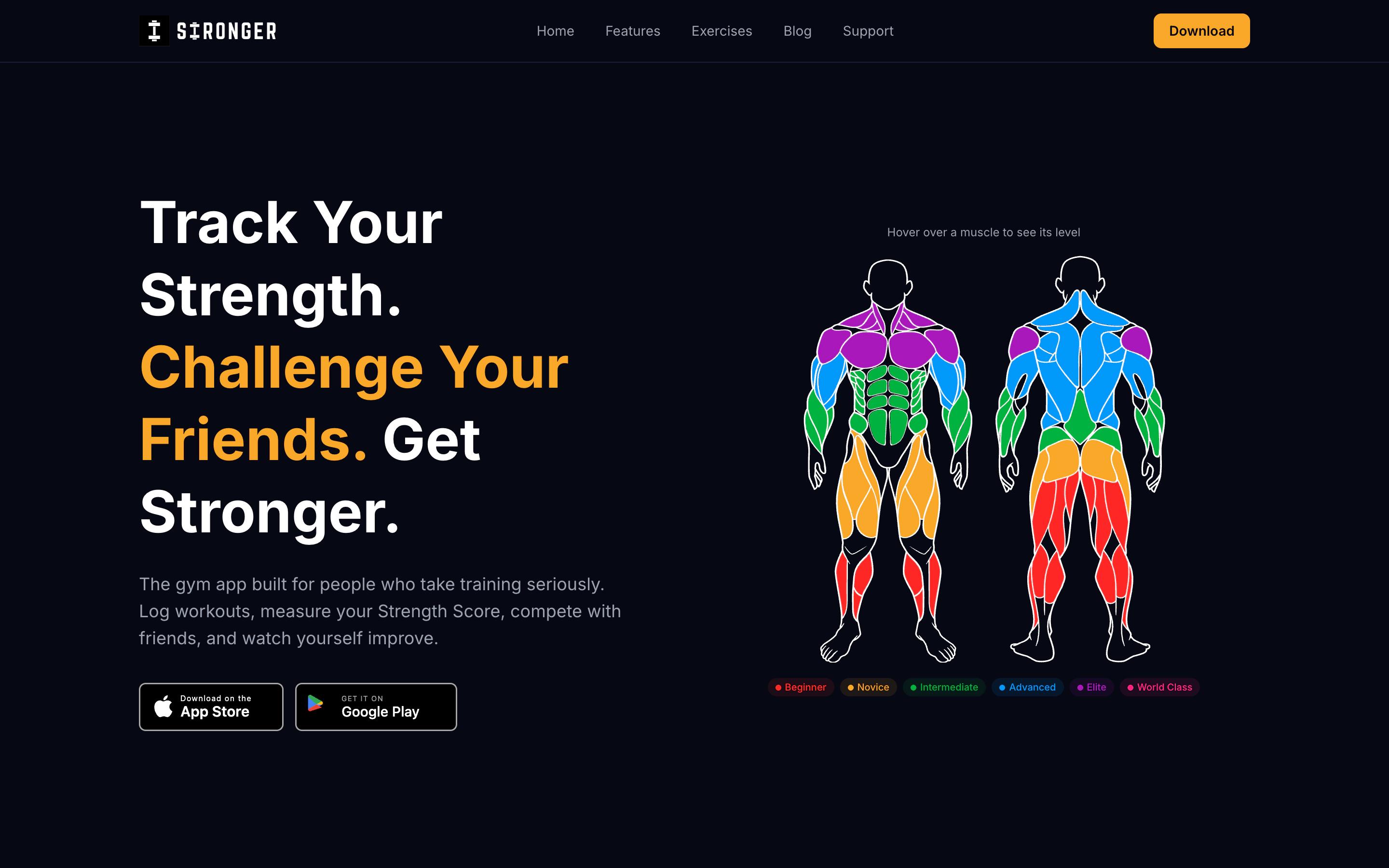 Stronger app homepage showing Track Your Strength tagline, muscle anatomy strength level map, and App Store download buttons on dark background