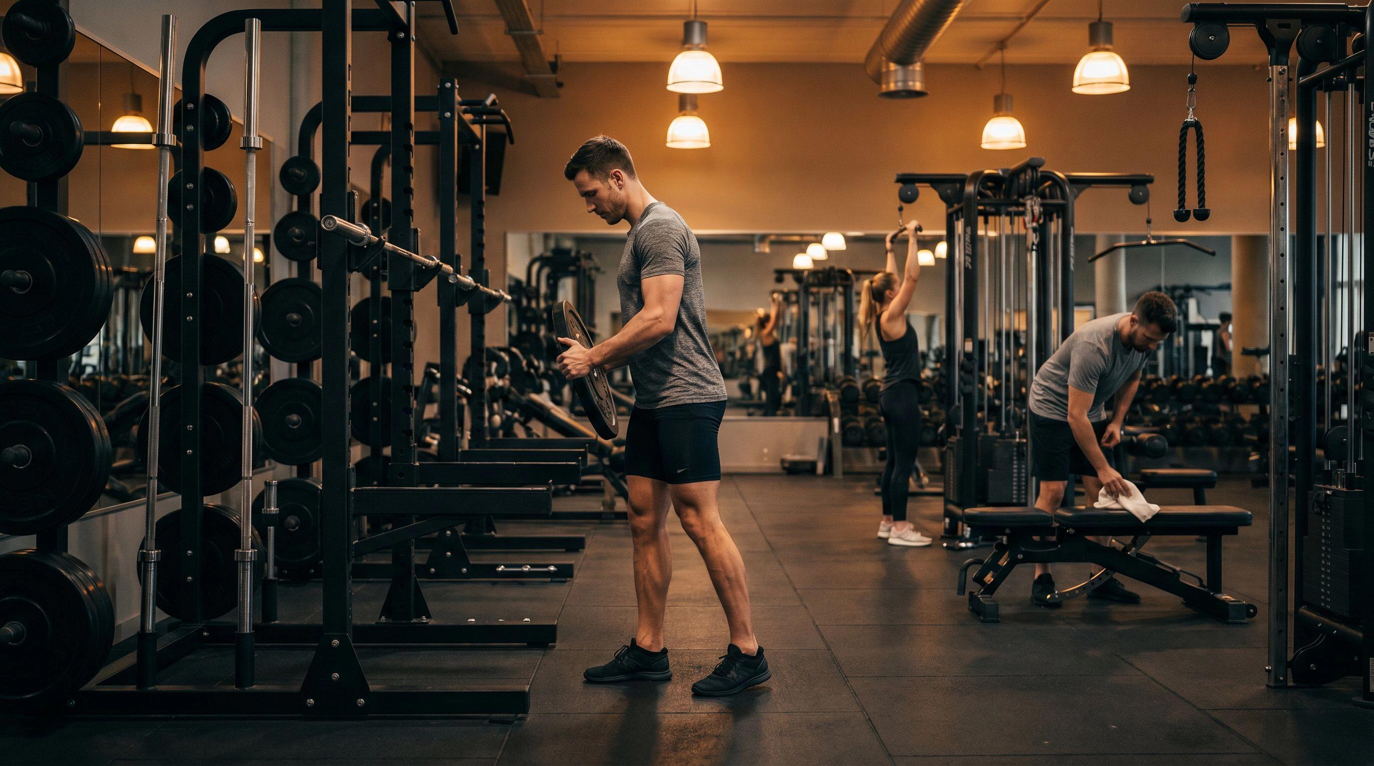 Cinematic gym floor scene: a focused lifter re-racks weights with calm competence in a well-organized, active gym