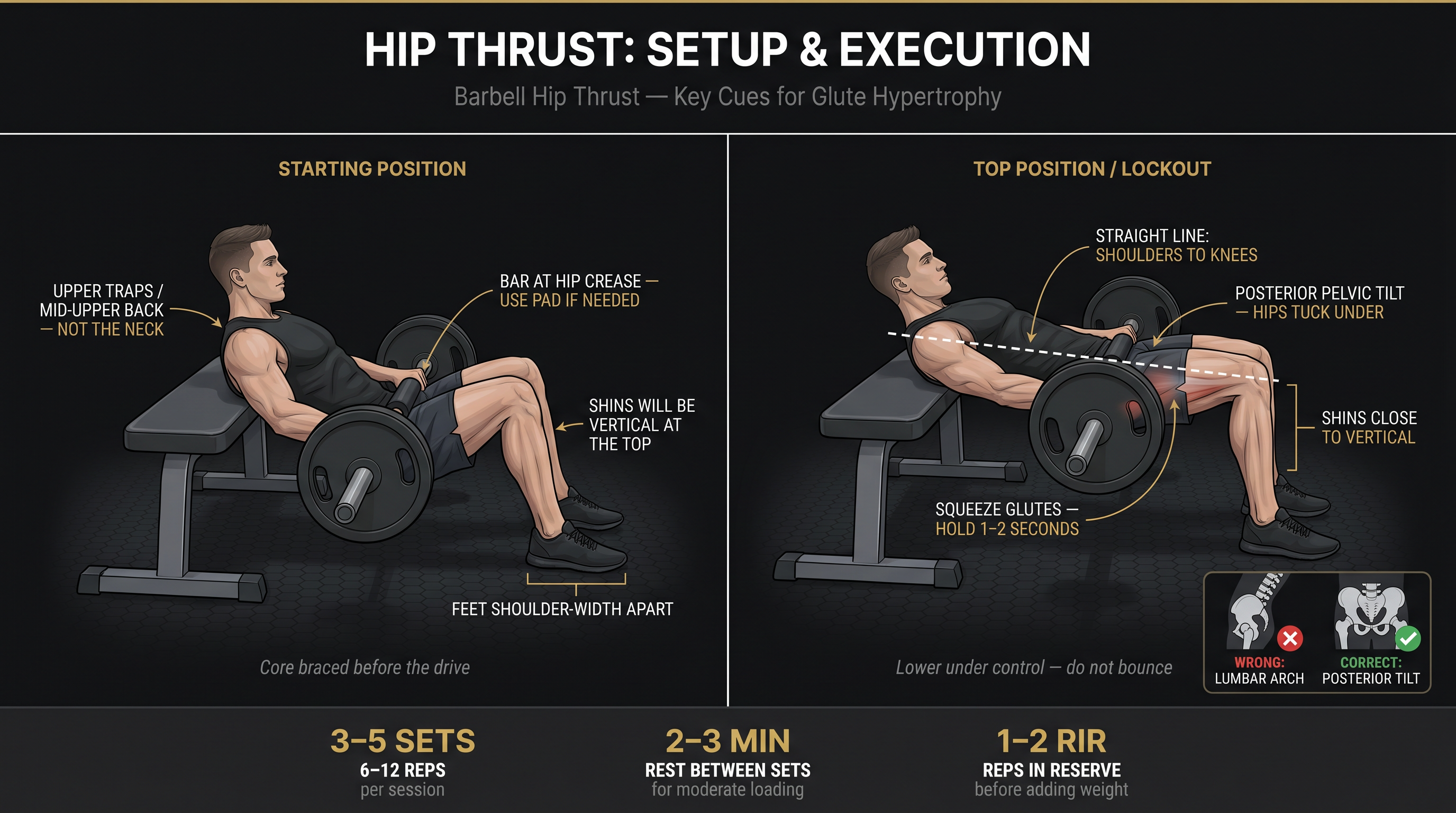 Annotated two-panel diagram showing correct hip thrust setup and top-position form cues for glute growth