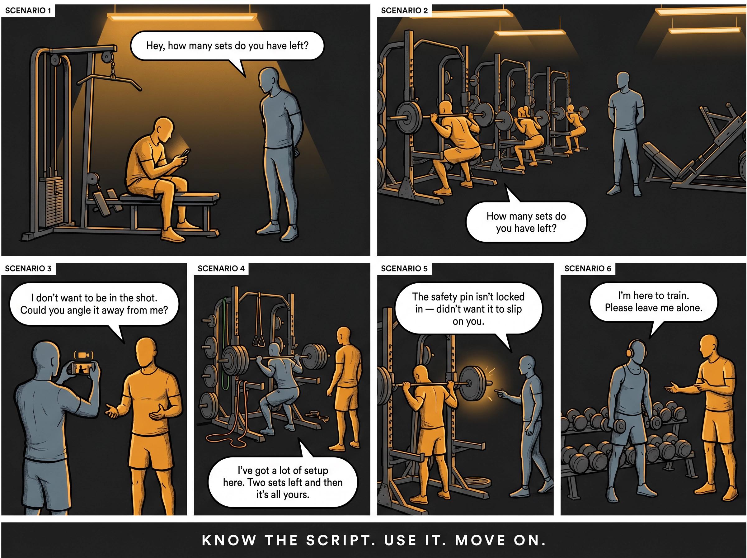 Six-panel editorial illustration showing gym conflict scenarios with exact dialogue scripts for each situation