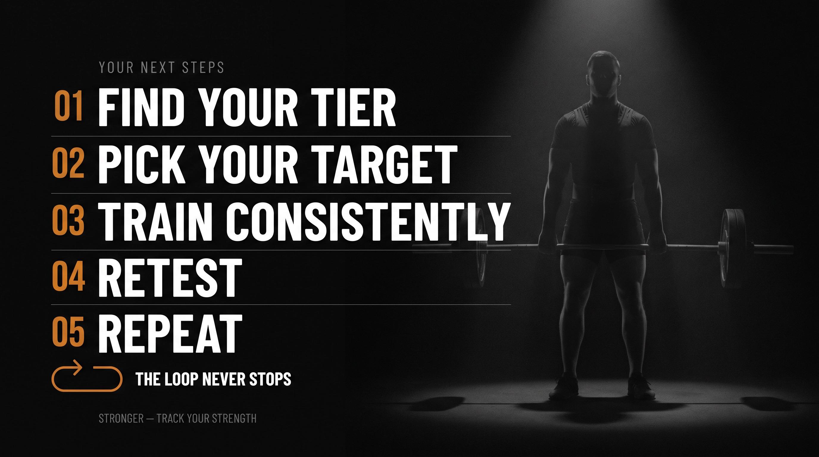 Dark typographic poster showing the 5-step strength training action loop: Find your tier, Pick your target, Train consistently, Retest, Repeat