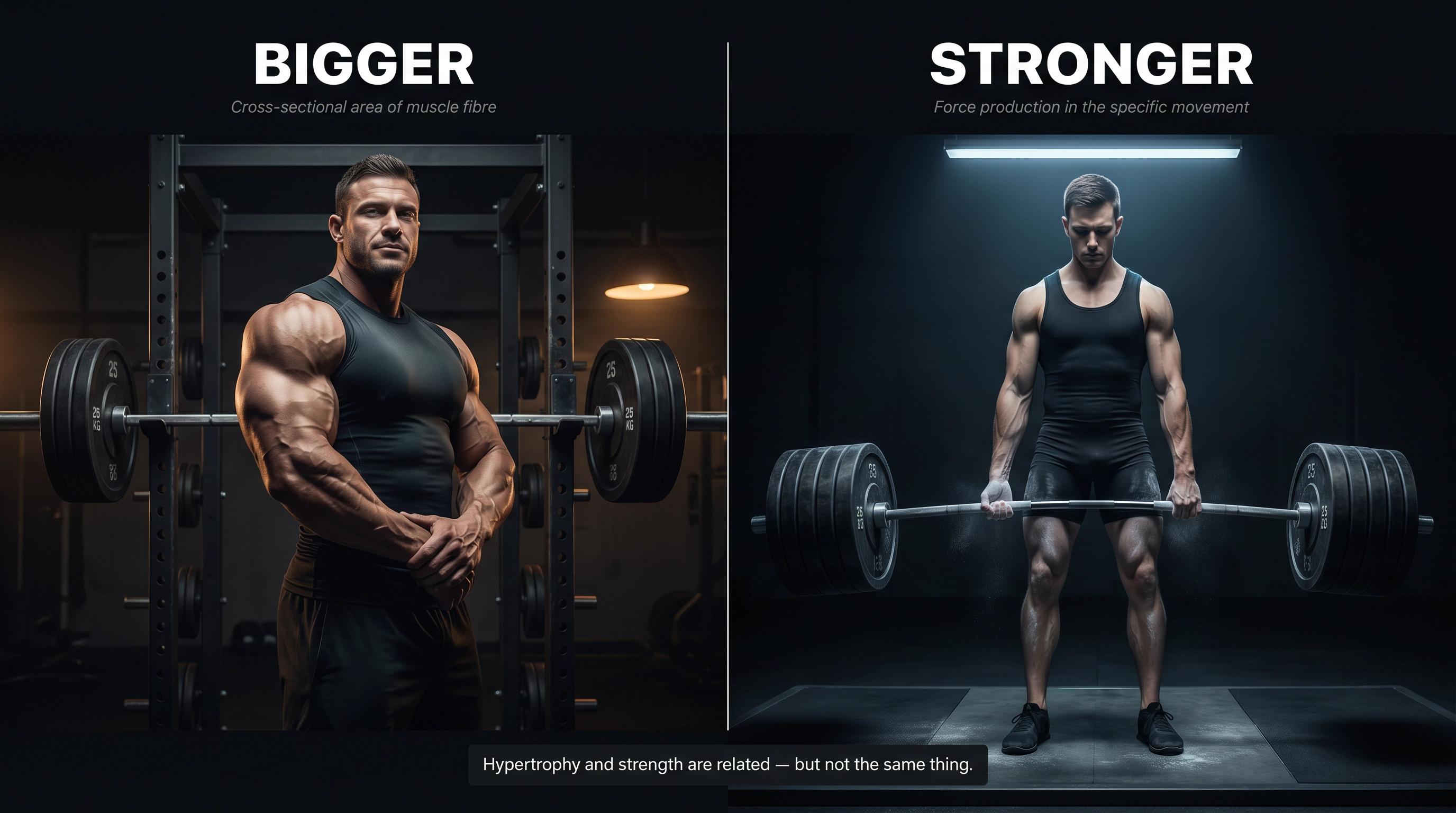 Split editorial illustration: visually imposing lifter with modest bar weight vs lean lifter under a heavily loaded bar, showing size vs strength contrast