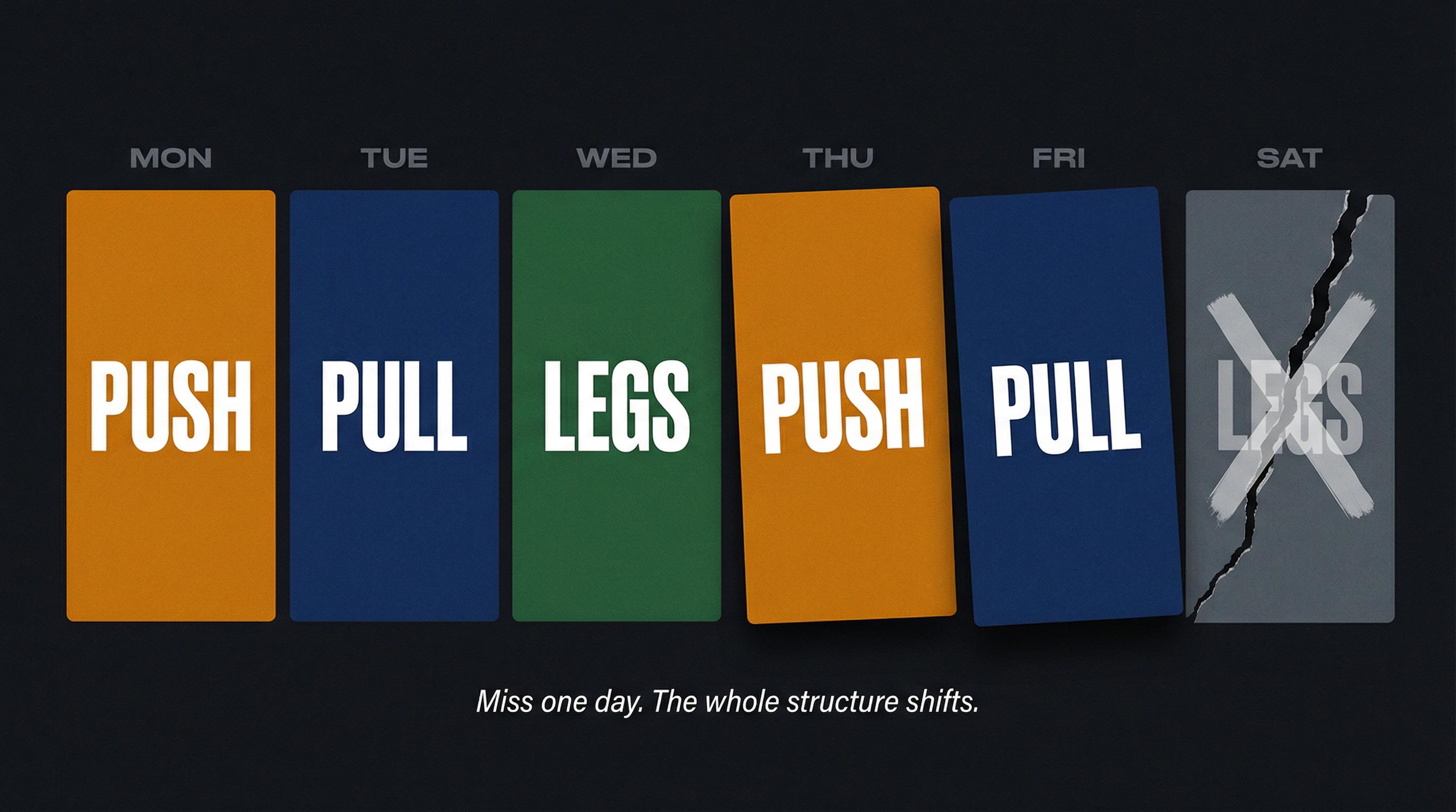 6-day PPL weekly split illustration showing Push Pull Legs tiles with a missed session tile cracked and grayed out to show structural breakdown