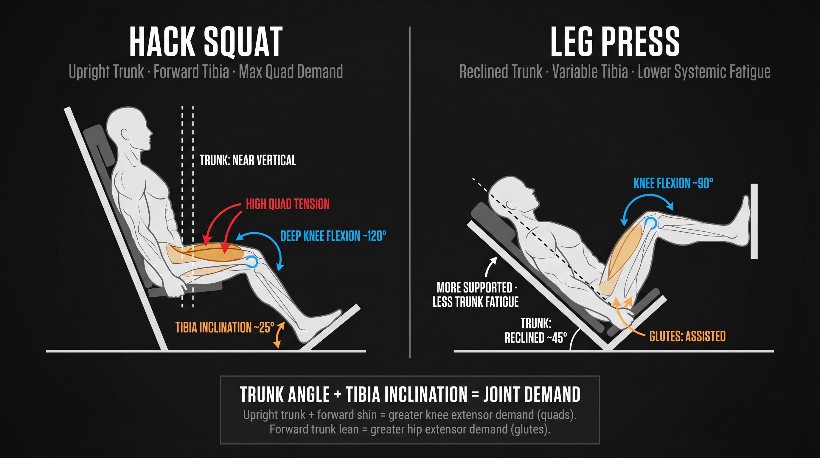 Side-by-side biomechanical diagram comparing hack squat and leg press joint angles, showing trunk and tibia inclination differences
