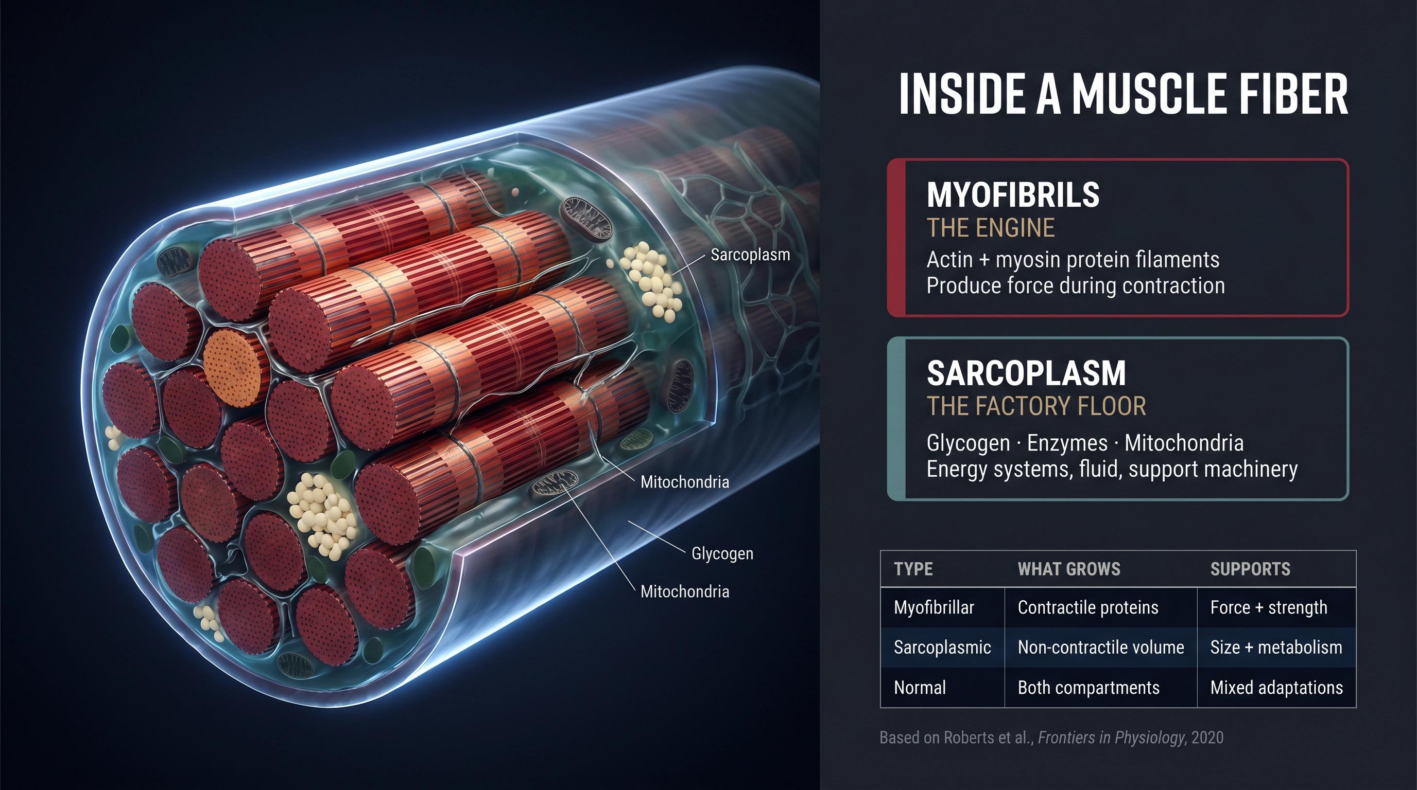 Scientific cross-section diagram of a muscle fiber showing myofibrils labeled as engine and sarcoplasm labeled as factory floor