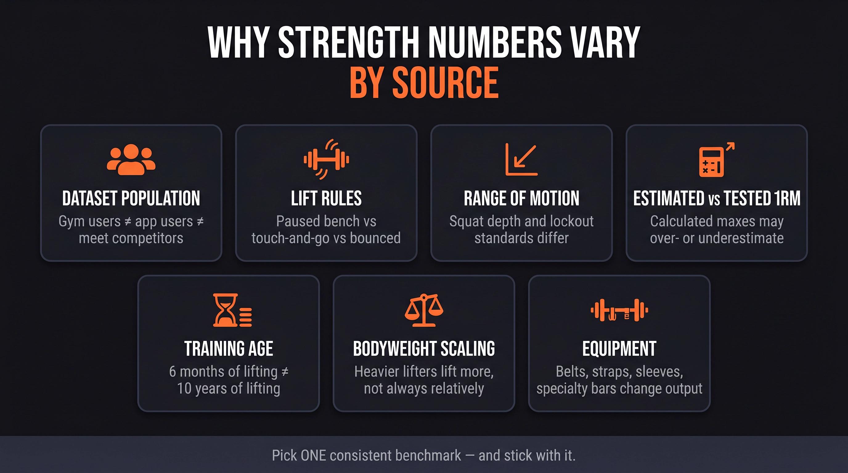 Dark infographic showing 7 reasons strength standard sites give different numbers, with icons and concise labels for each factor