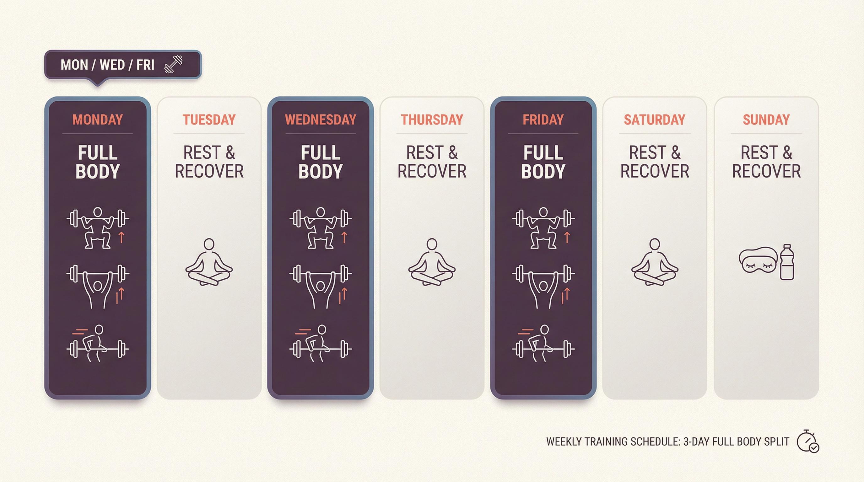 Weekly training calendar showing a 3-day full body split with Monday, Wednesday, and Friday as lifting days and rest days in between