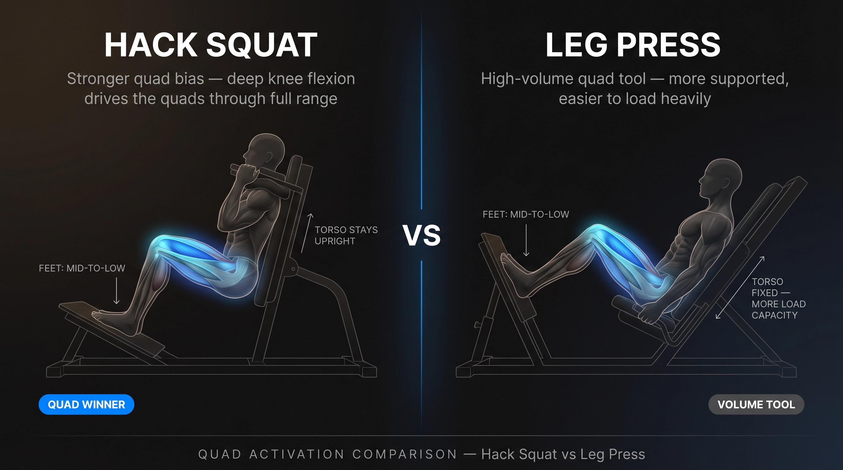 Side-by-side diagram comparing quad muscle activation on hack squat vs leg press, with four muscle heads labeled and foot position cues