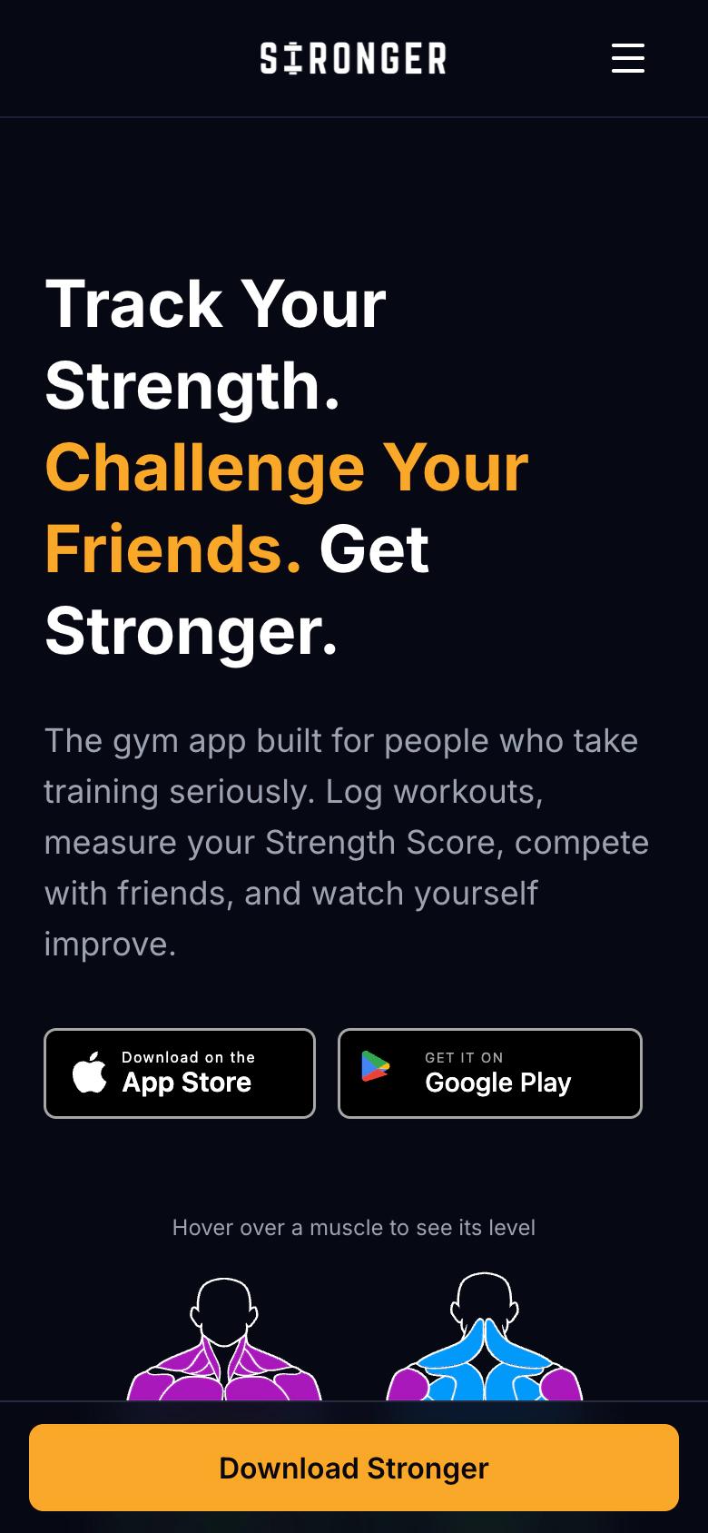 Stronger mobile app download page showing App Store and Google Play buttons with the Download Stronger call to action on a dark-themed landing page