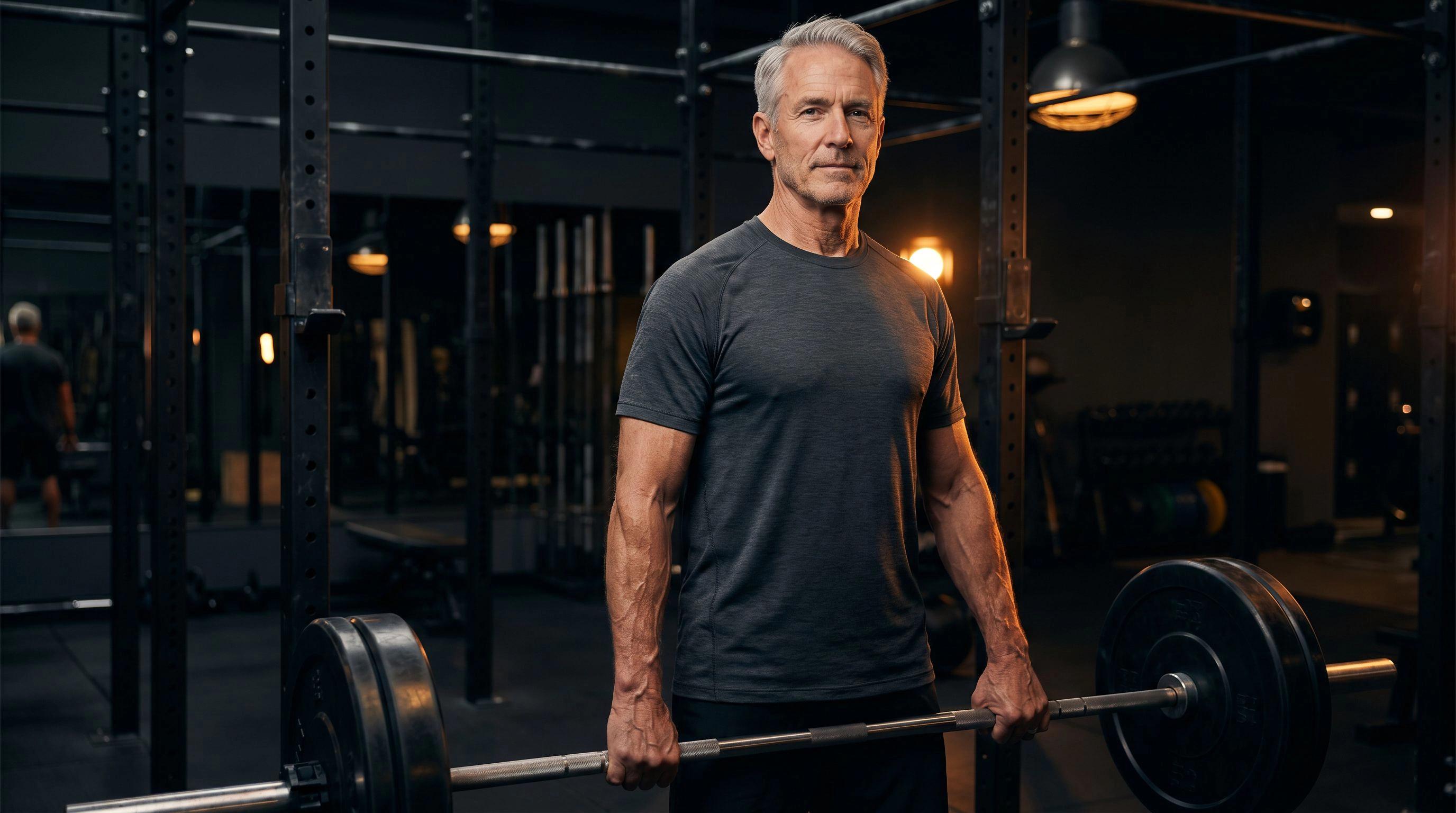 A determined 50-plus lifter gripping a loaded barbell in a dark premium gym, conveying strength and long-term commitment