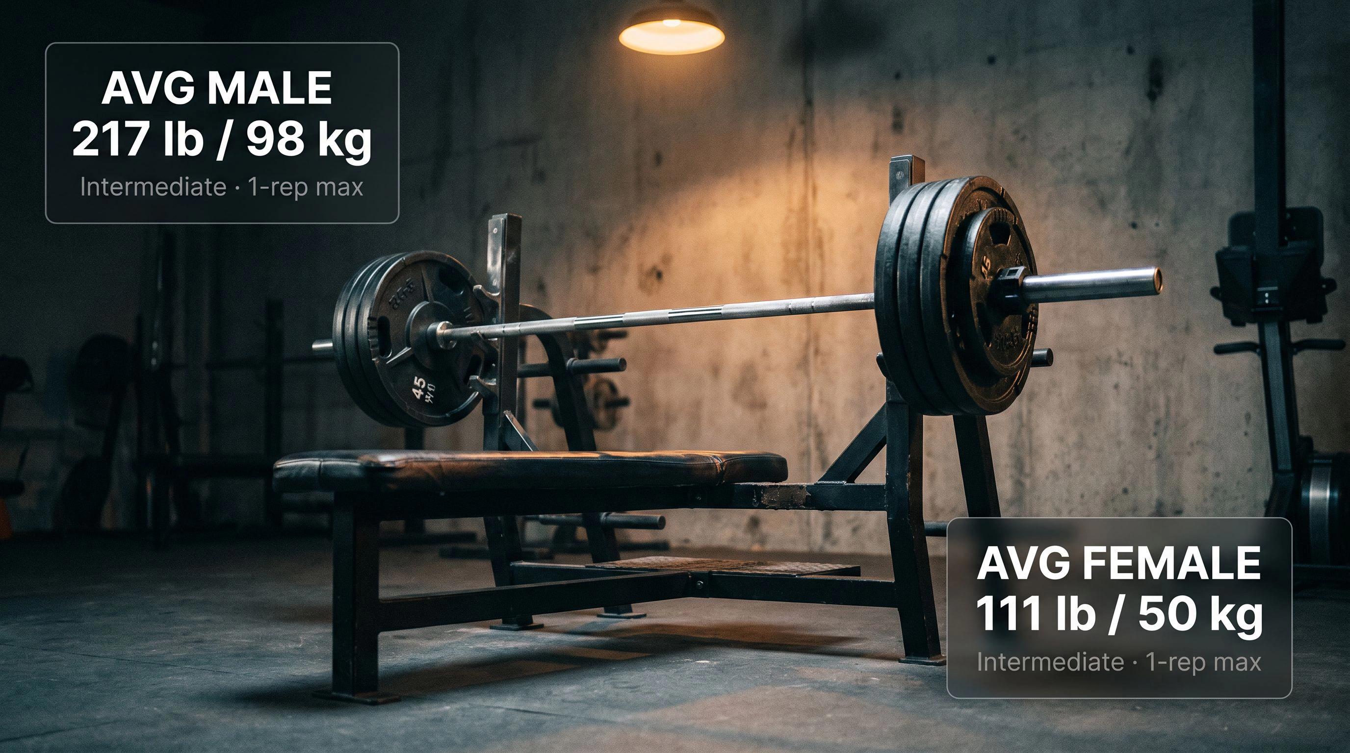 Loaded barbell resting on a bench press rack in a dark, serious gym, with strength benchmark labels overlaid