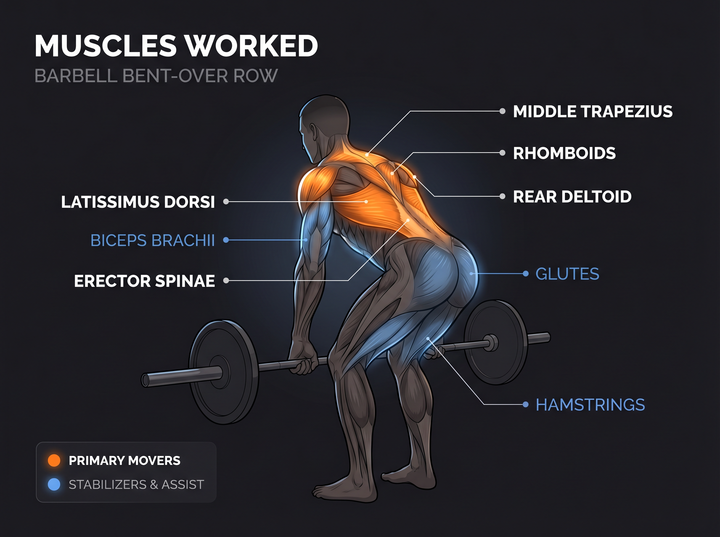 Anatomical diagram of barbell row muscles worked: lats, traps, rhomboids, rear delts, erectors highlighted as primary movers