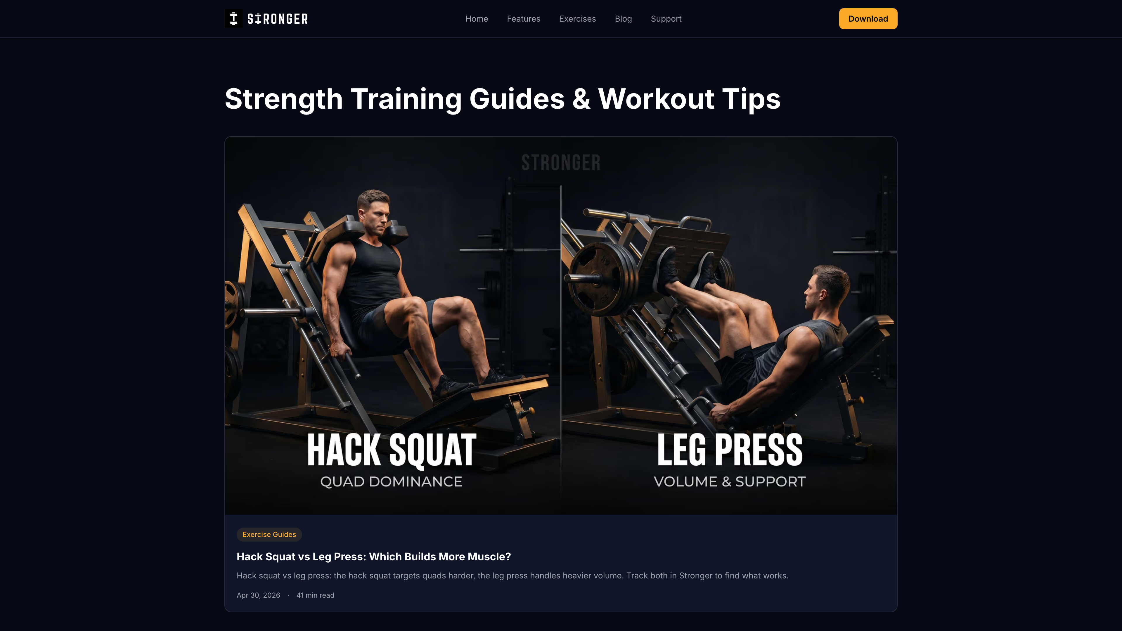 Stronger blog page showing Strength Training Guides and Workout Tips with featured articles on a dark-themed layout