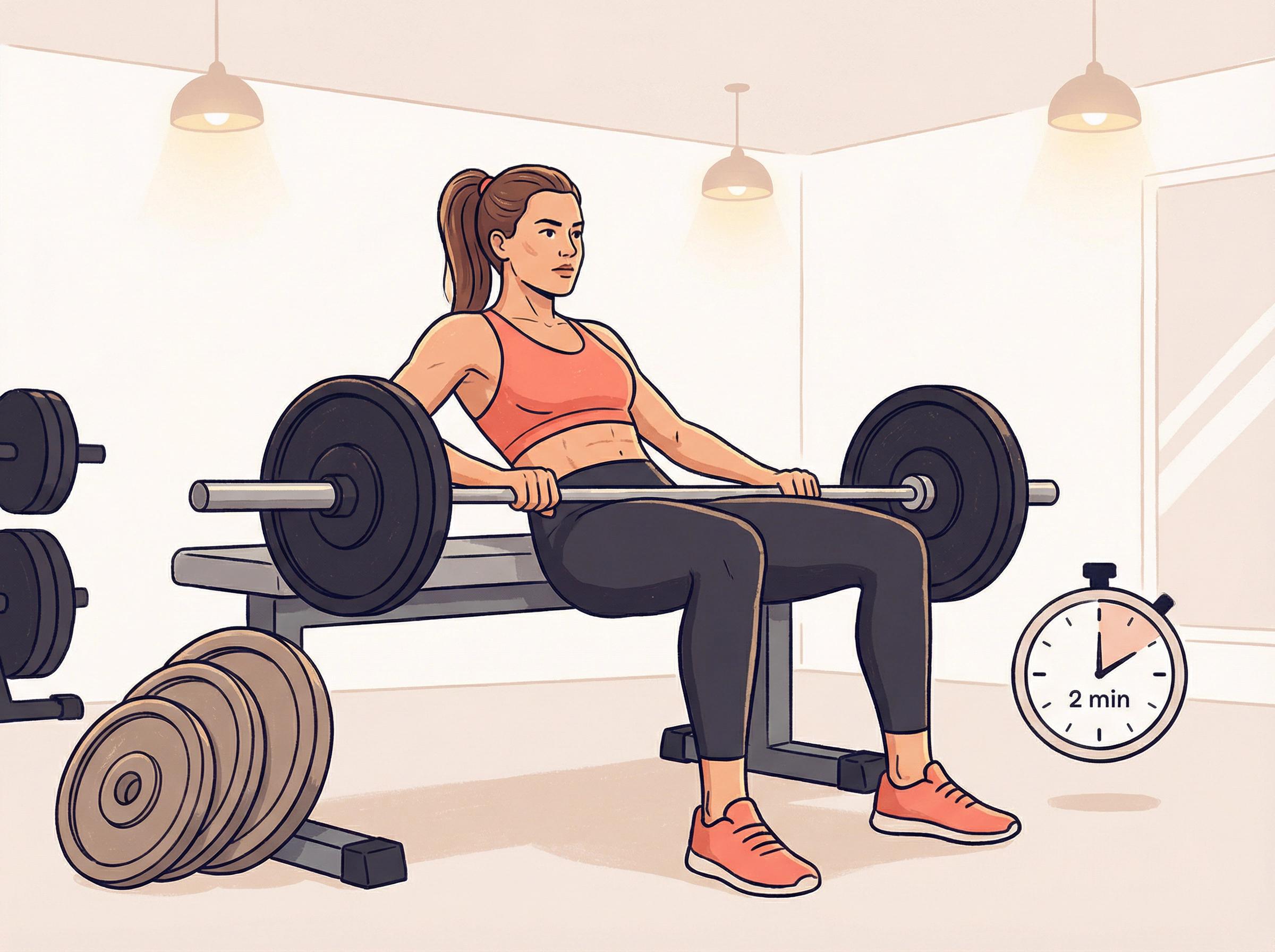 Woman performing a loaded hip thrust in a gym, representing disciplined training fundamentals — volume, rest, and consistency