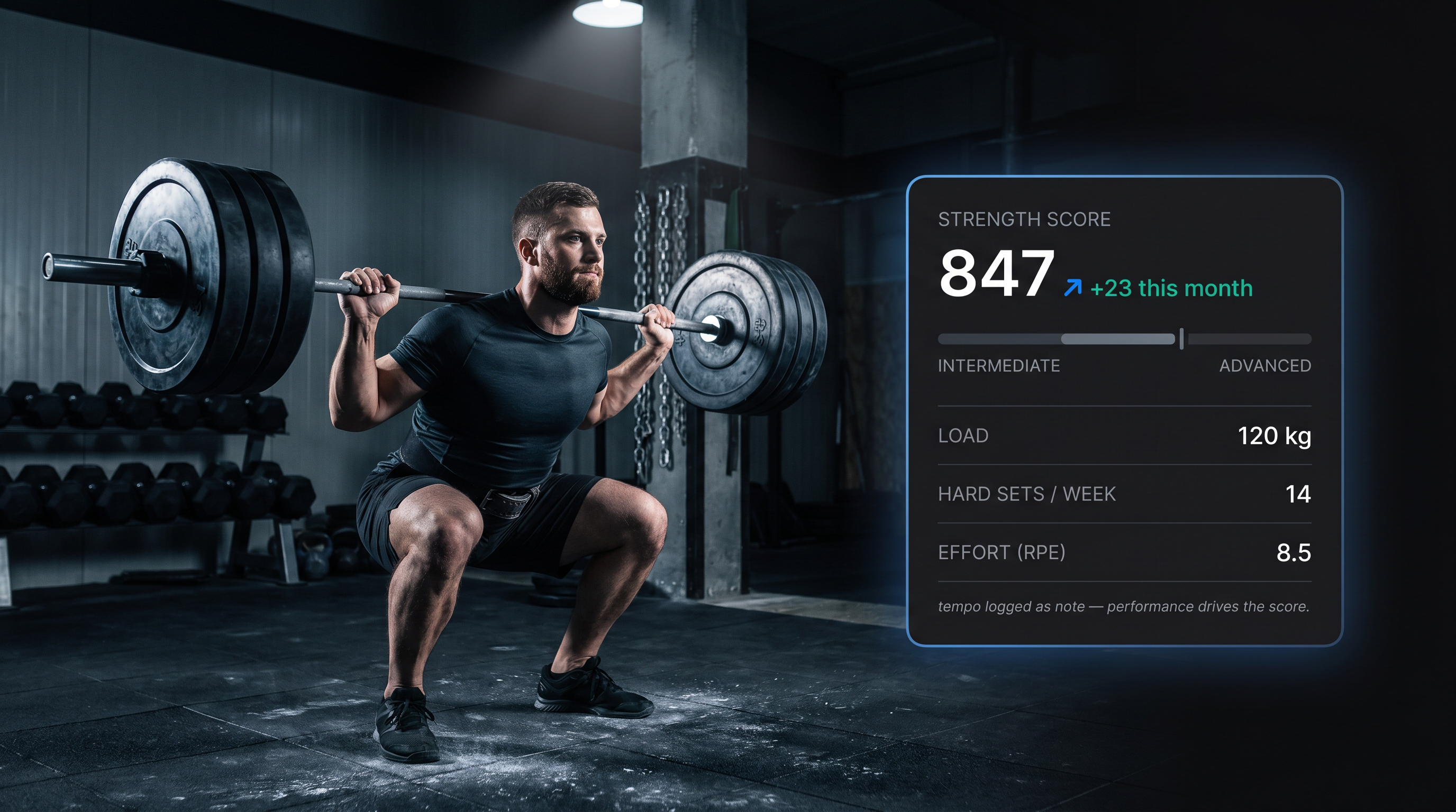 Serious lifter executing a controlled barbell squat in a dark gym with a Stronger app Strength Score analytics overlay showing real progress data
