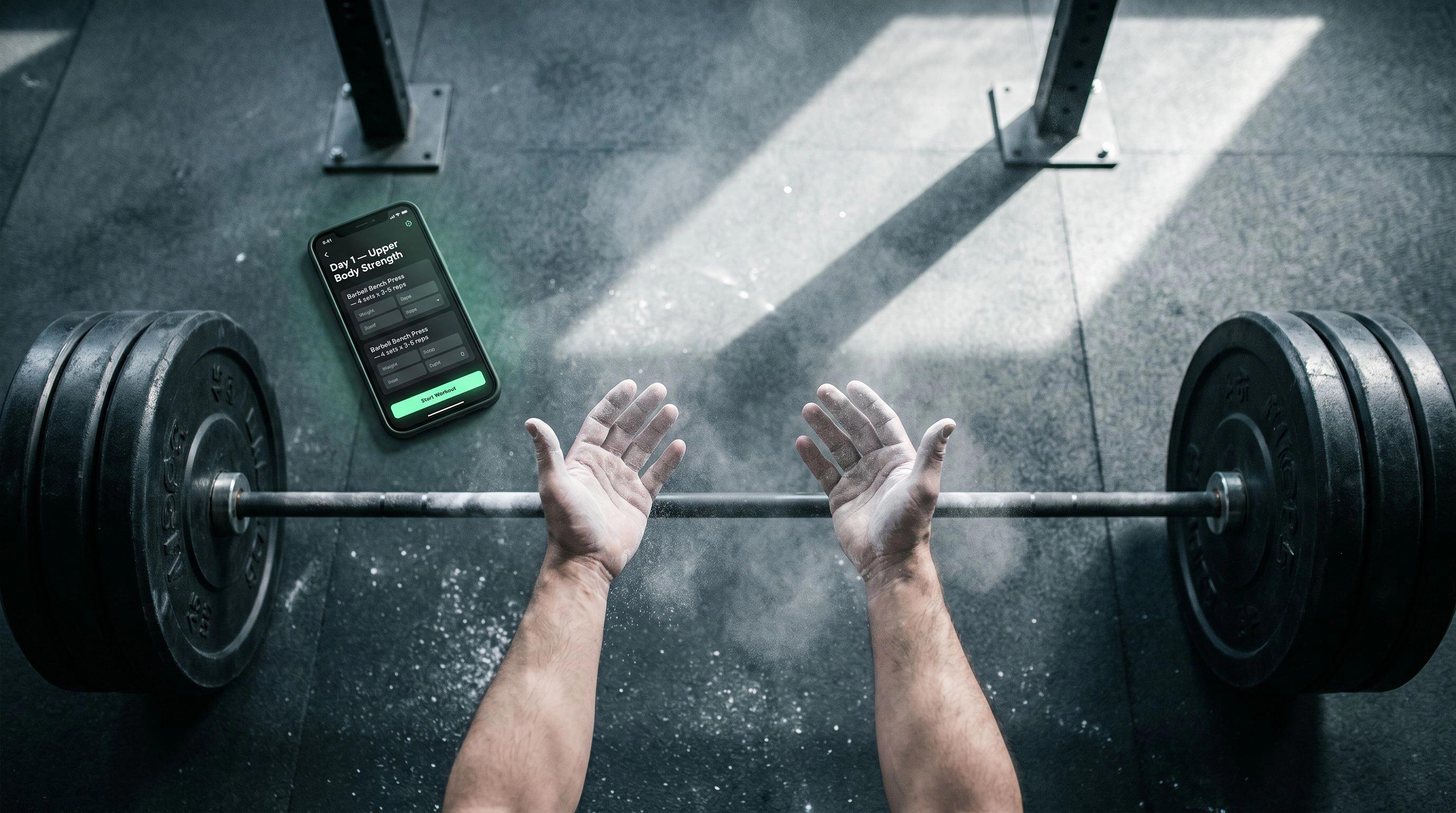 Chalk-dusted hands over a loaded barbell beside a phone displaying the Stronger gym tracking app open to a fresh workout log