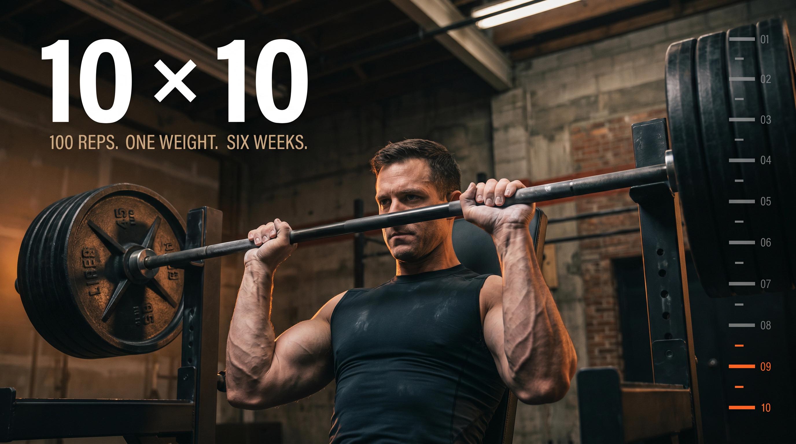 Lifter under a loaded barbell in a dark gym with bold 10×10 typographic overlay — German Volume Training hero