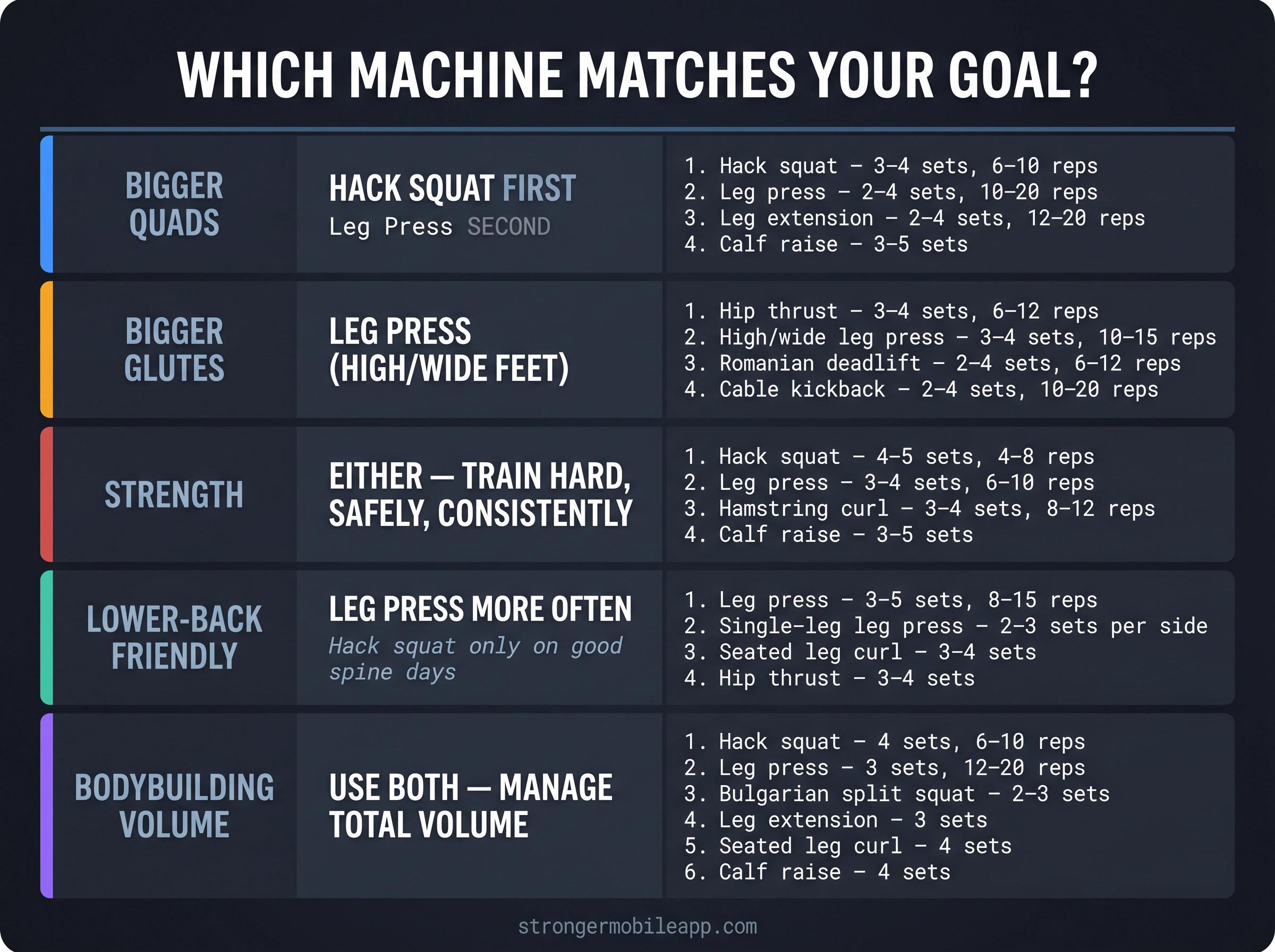 Training goal decision card mapping 5 goals to hack squat or leg press recommendations with sample session sequences