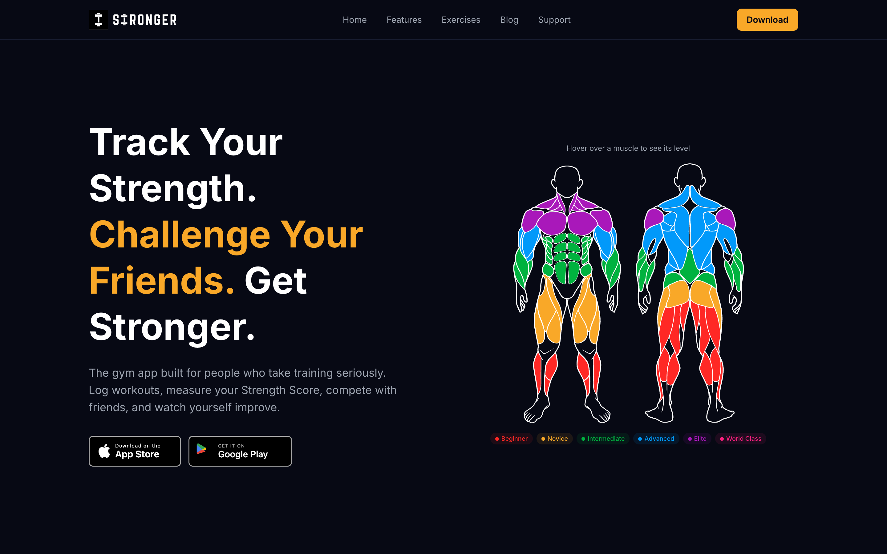 Stronger app homepage: "Track Your Strength. Challenge Your Friends. Get Stronger." — the gym app built for people who take training seriously, with App Store and Google Play download buttons