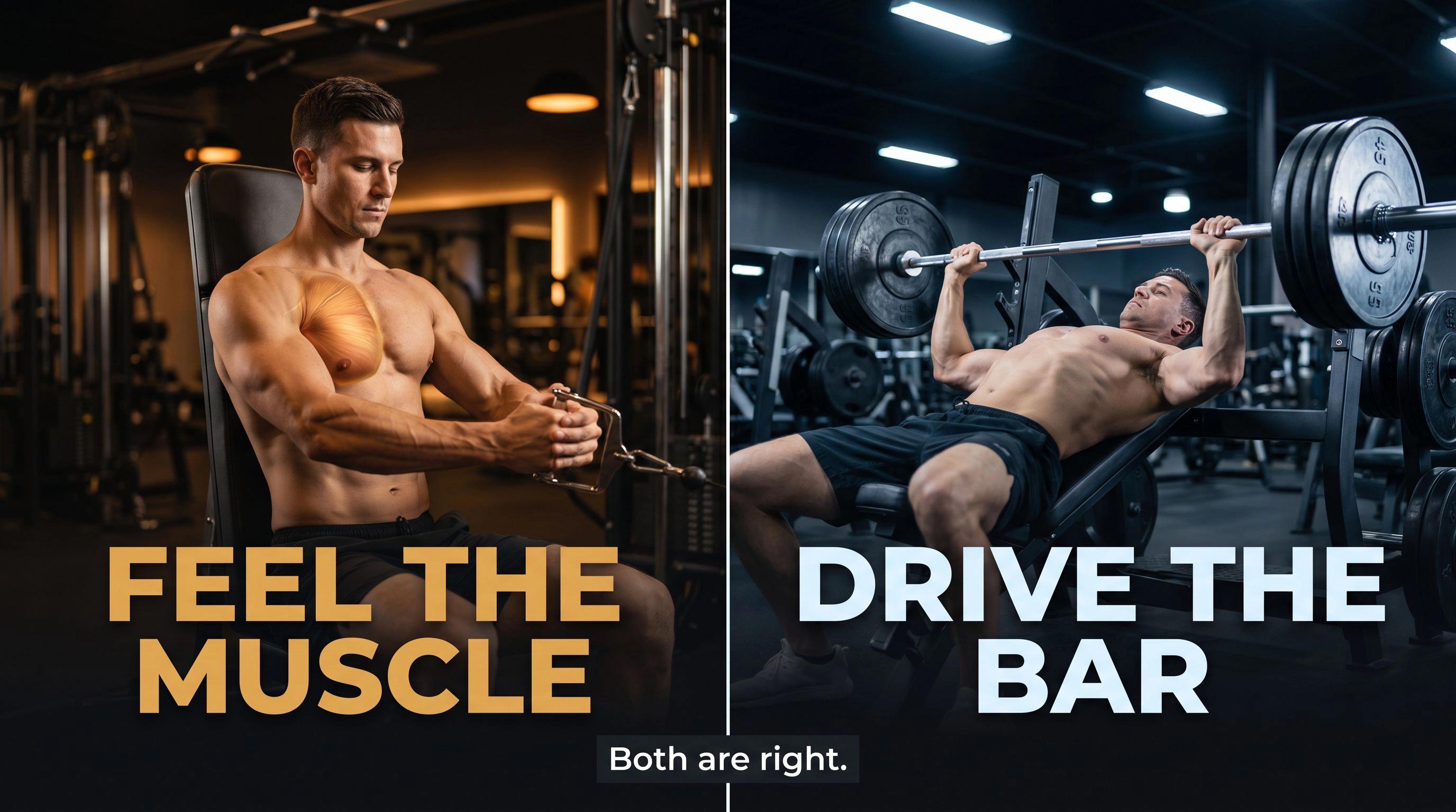Split editorial image contrasting internal muscle-focused training on the left with external power-focused barbell lifting on the right