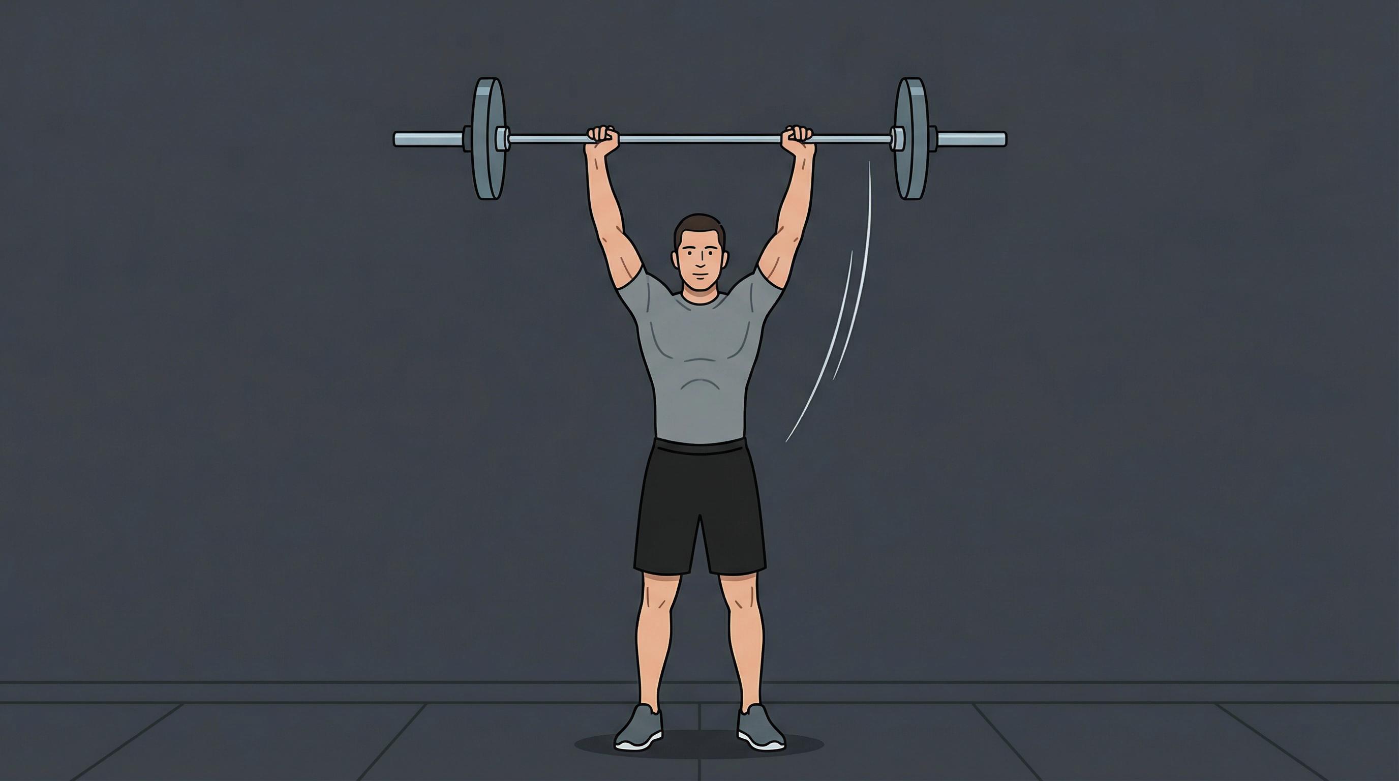 Athlete at full overhead press lockout — barbell locked out overhead with perfect stacking, arms extended, confident posture
