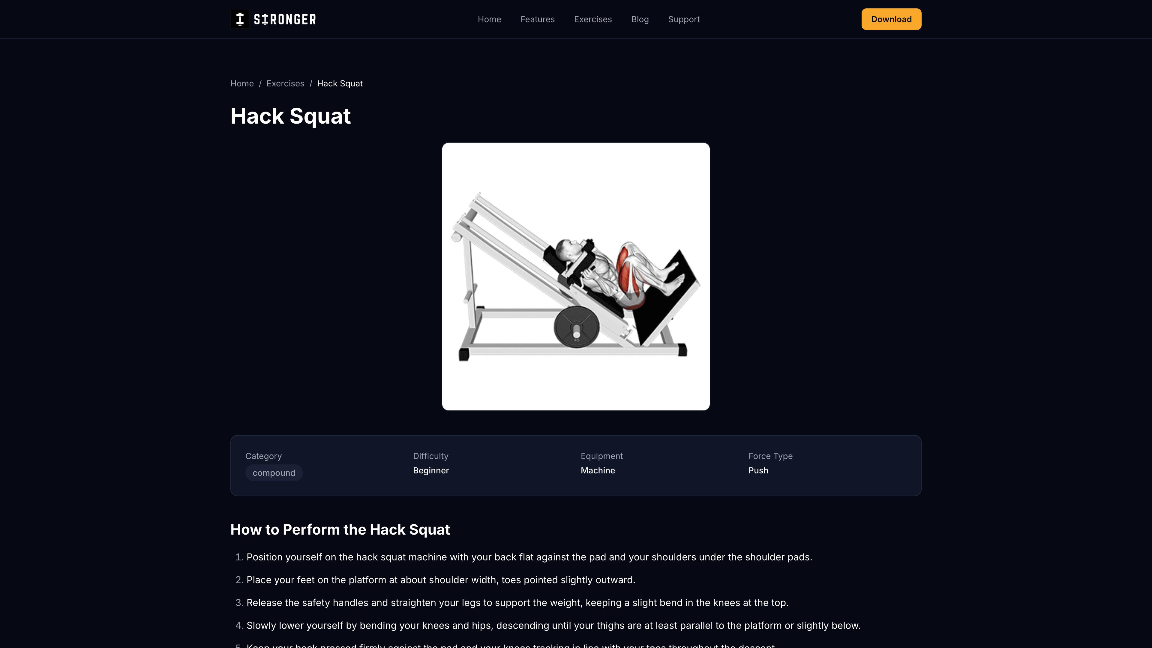 Stronger's hack squat exercise page showing the machine animation, muscle targeting metadata, and step-by-step instructions
