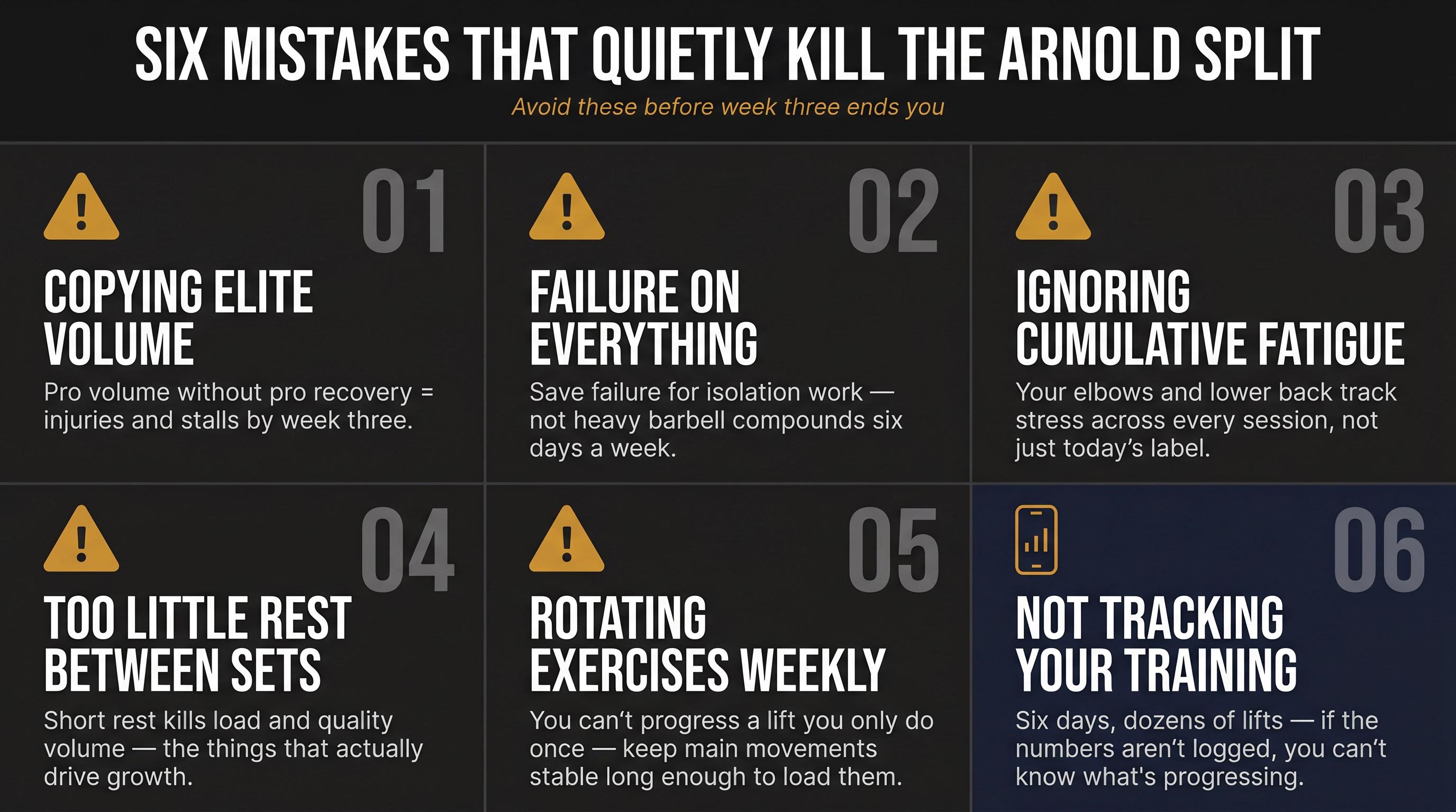 Dark 6-panel editorial poster listing the six most common Arnold Split mistakes with bold labels and consequence lines